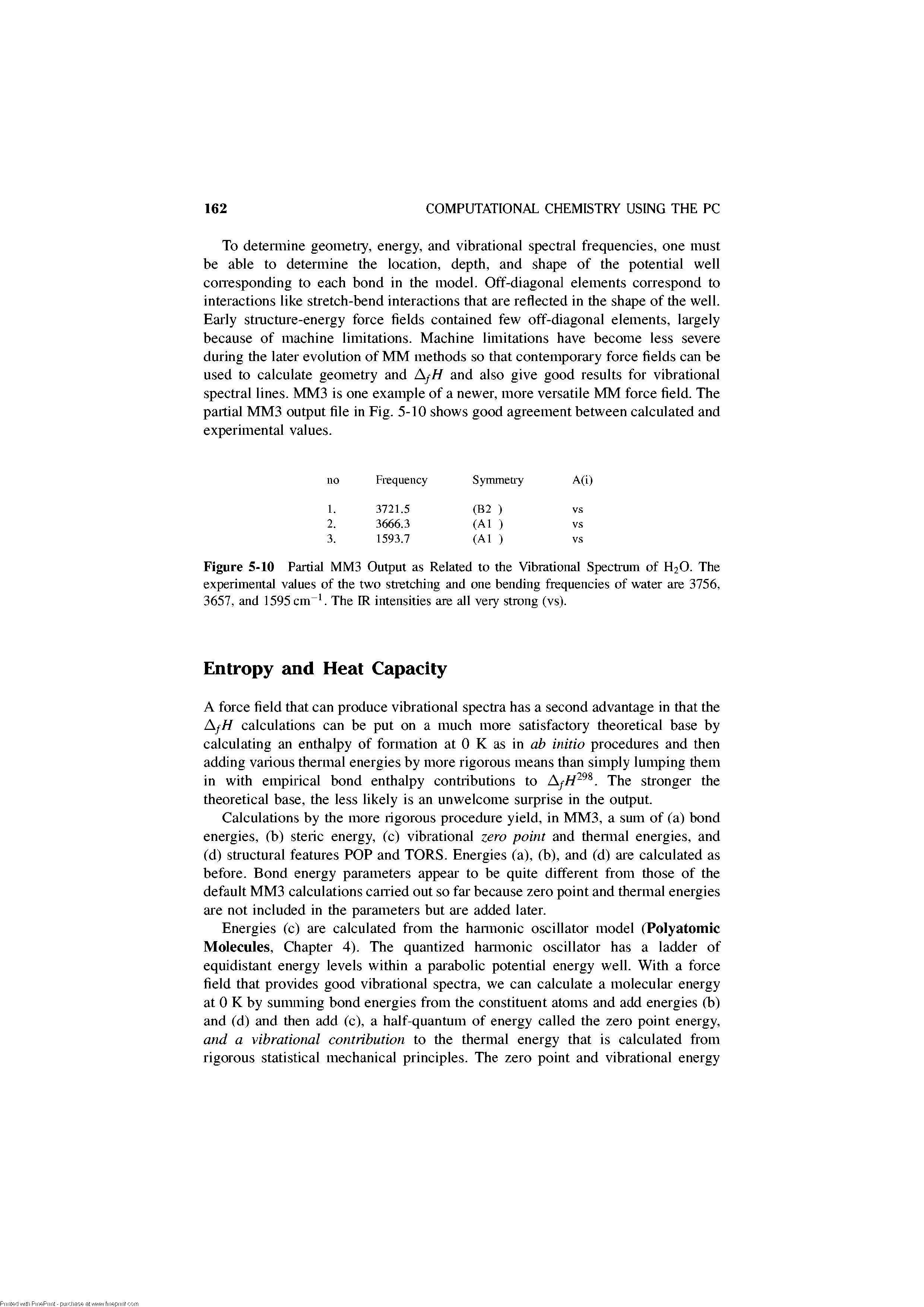 Figure 5-10 Partial MM3 Output as Related to the Vibrational Spectrum of H2O. The experimental values of the two sti etching and one bending frequencies of water are 3756, 3657, and 1595 cm. The IR intensities are all very strong (vs).