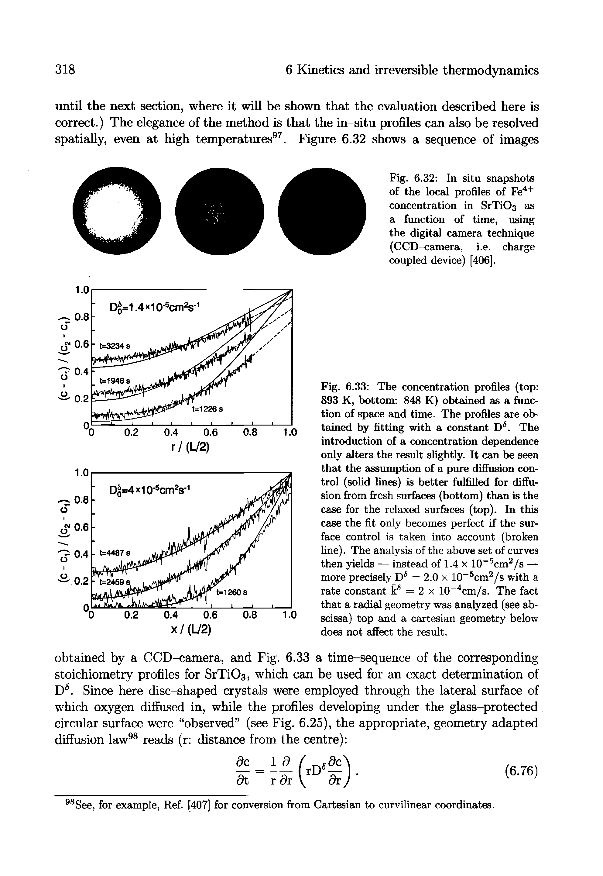 Fig. 6.33 The concentration profiles (top 893 K, bottom 848 K) obtmned as a Unction of space and time. The profiles are obtained by fitting with a constant D. The introduction of a concentration dependence only alters the result slightly. It can be seen that the assumption of a pure difiPusion control (solid lines) is better fulfilled for diffusion from fresh surfaces (bottom) than is the case for the relaxed surfaces (top). In this case the fit only becomes perfect if the surface control is taken into account (broken line). The analysis of the above set of curves then yields — instead of 1.4 x 10 cm /s — more precisely O = 2.0 x 10 cm /s with a rate constant P = 2 x 10 cm/s. The fact that a radial geometry was analyzed (see abscissa) top and a cartesian geometry below does not affect the result.