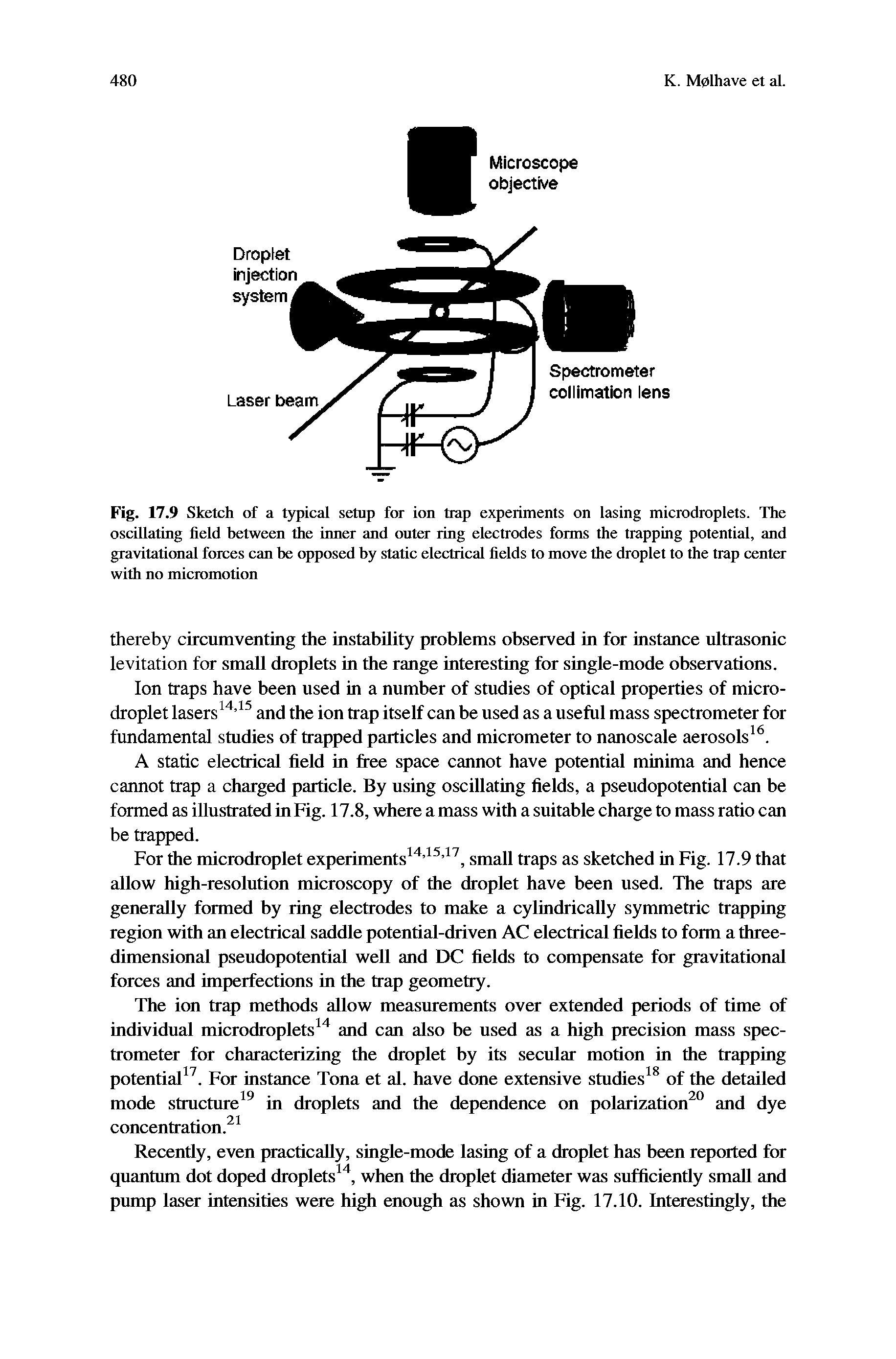 Fig. 17.9 Sketch of a typical setup for ion trap experiments on lasing microdroplets. The oscillating field between the inner and outer ring electrodes forms the trapping potential, and gravitational forces can he opposed by static electrical fields to move the droplet to the trap center with no micromotion...