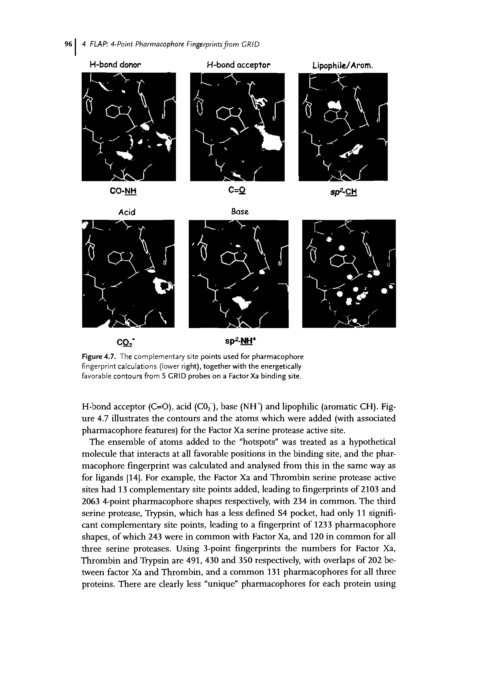 Figure 4.7. The complementaiy site points used for pharmacophore fingerprint calculations (lower right), together with the energetically favorable contours from 5 GRID probes on a FactorXa binding site.