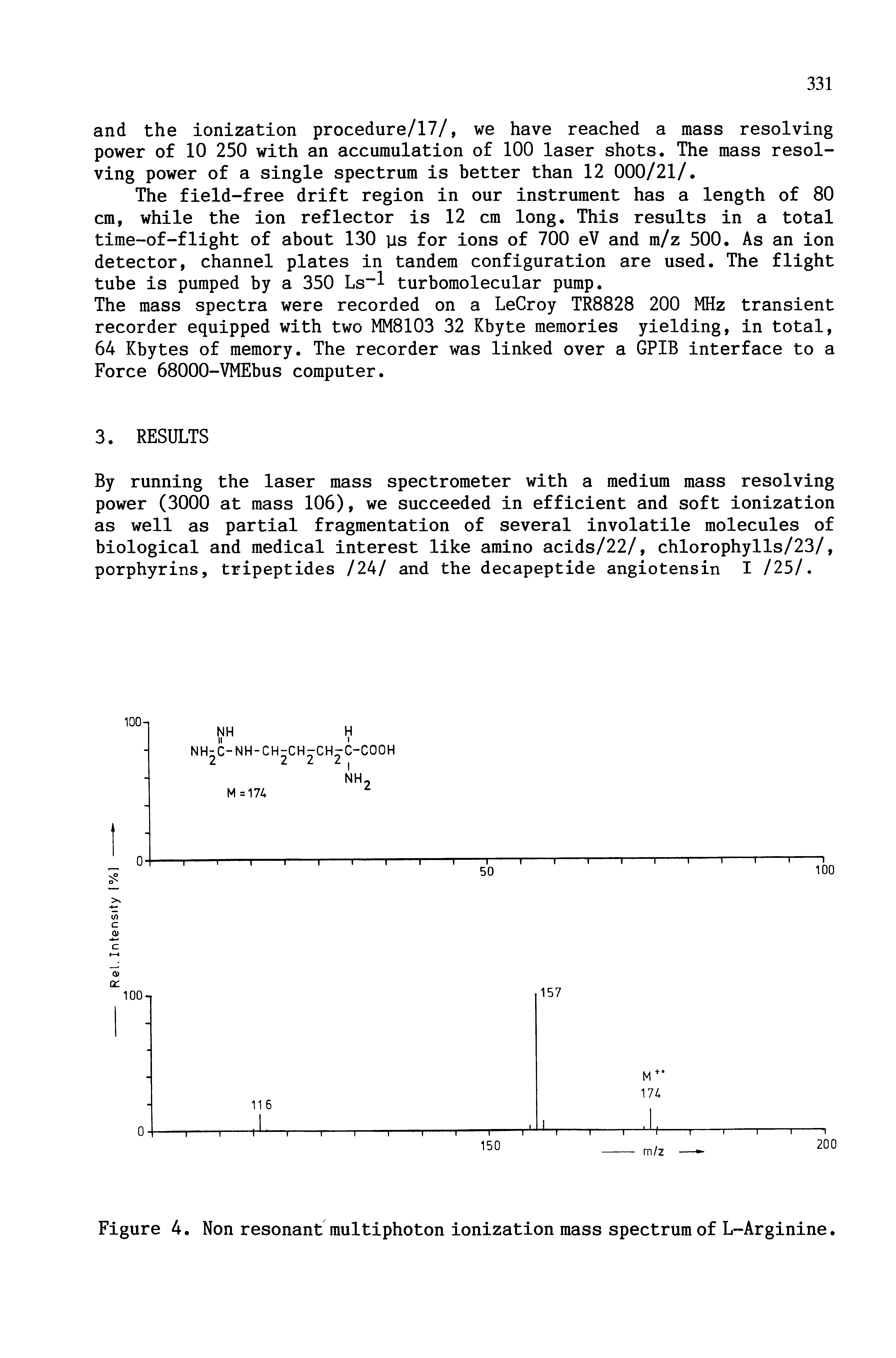 Figure 4. Non resonant multiphoton ionization mass spectrum of L-Arginine.