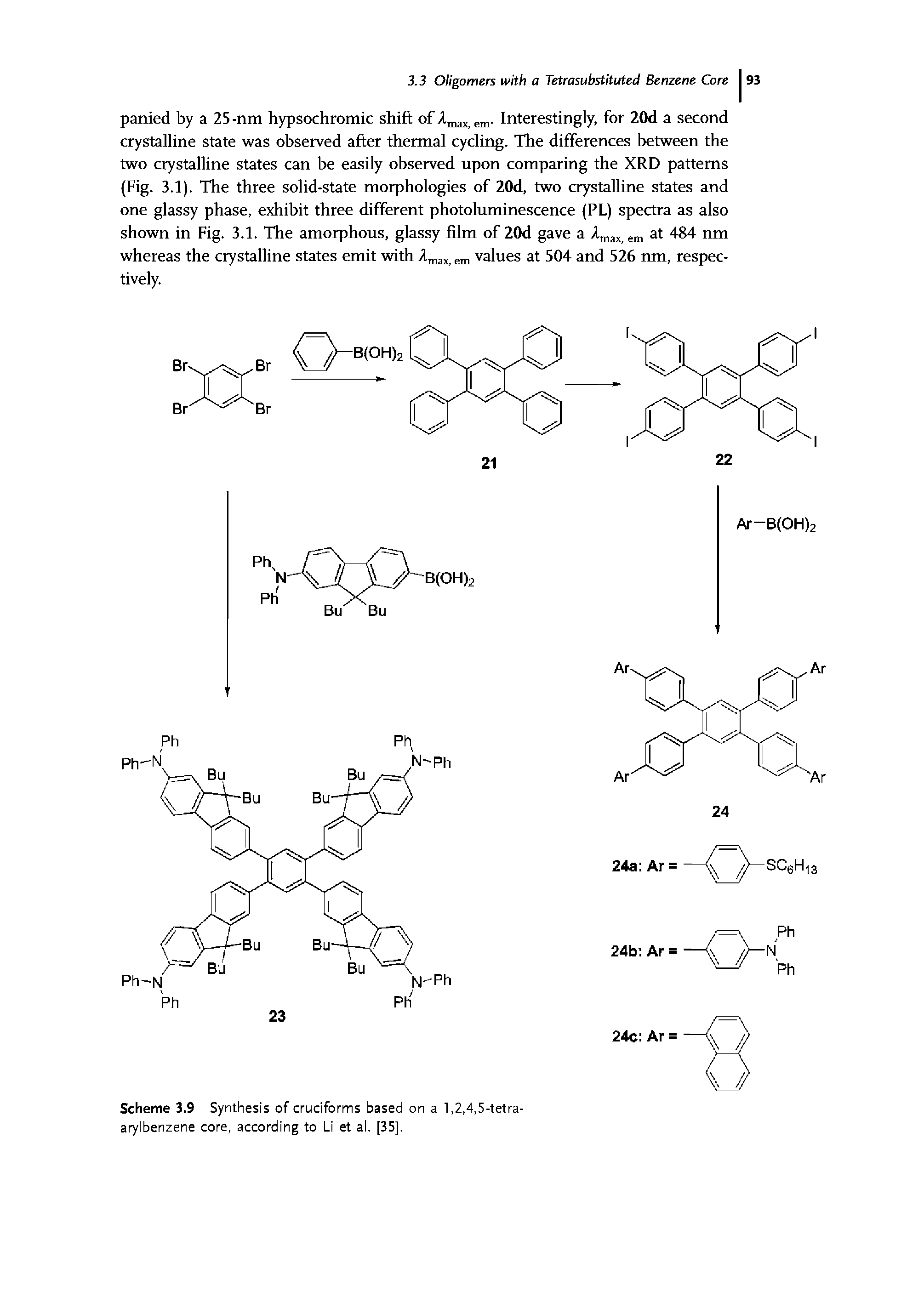 Scheme 3.9 Synthesis of cruciforms based on a 1,2,4,5-tetra-arylbenzene core, according to Li et al. [35],...
