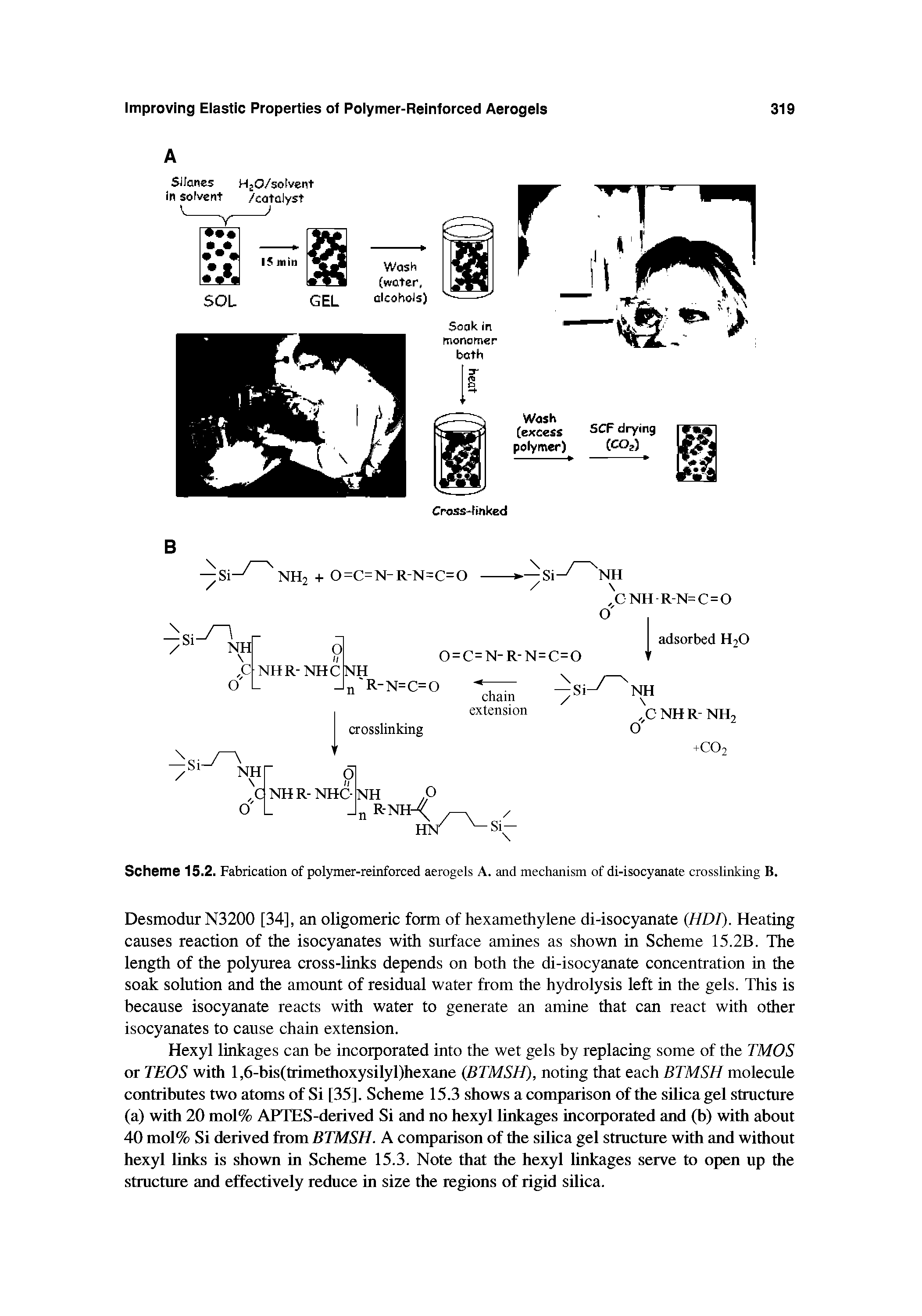 Scheme 15.2. Fabrication of polymer-reinforced aerogels A. and mechanism of di-isocyanate crossUnking B.