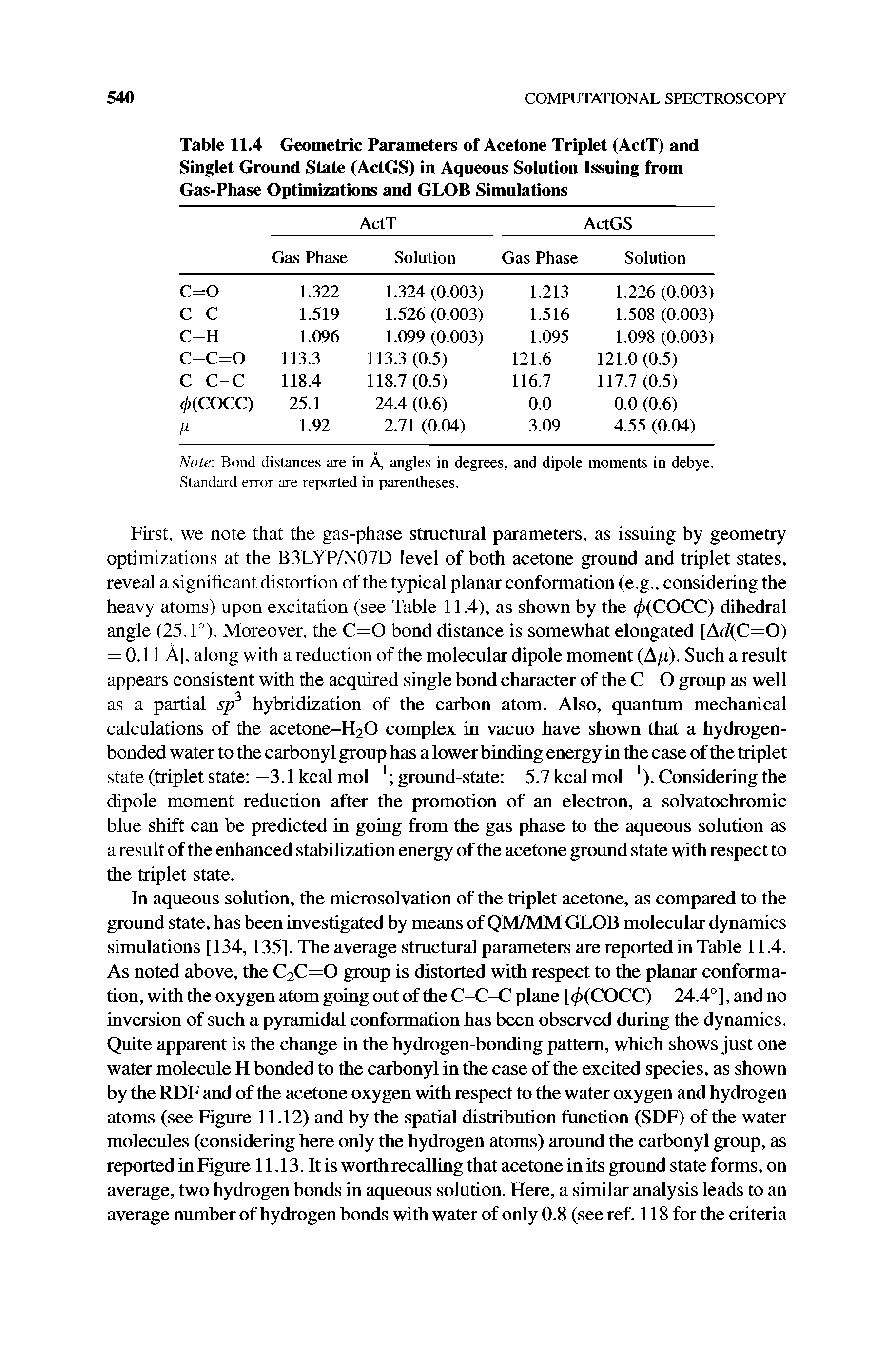 Table 11.4 Geometric Parameters of Acetone Triplet (ActT) and Singlet Ground State (ActGS) in Aqueous Solution Issuing from Gas-Phase Optimizations and GLOB Simulations...