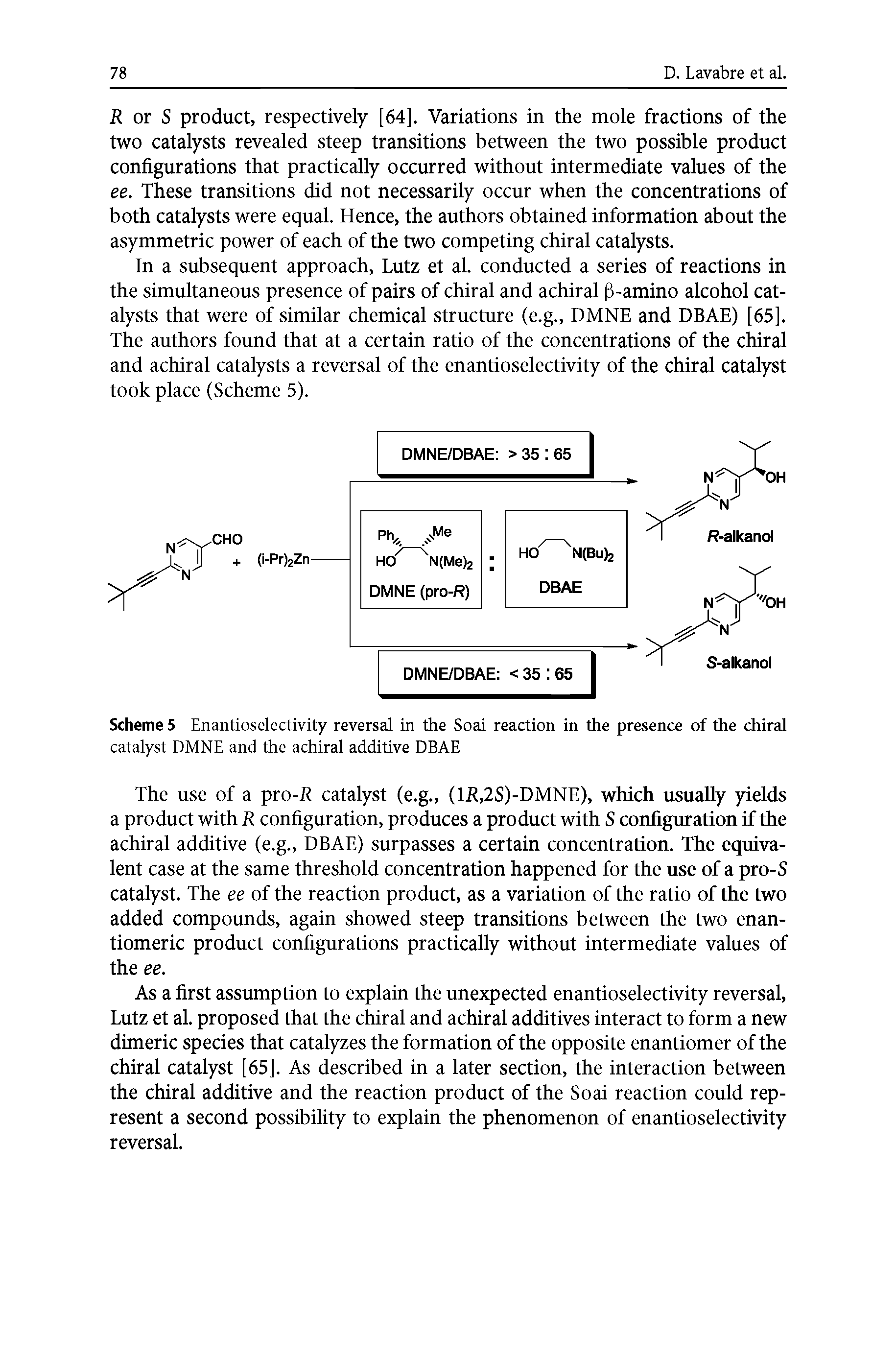Scheme 5 Enantioselectivity reversal in the Soai reaction in the presence of the chiral catalyst DMNE and the achiral additive DBAE...