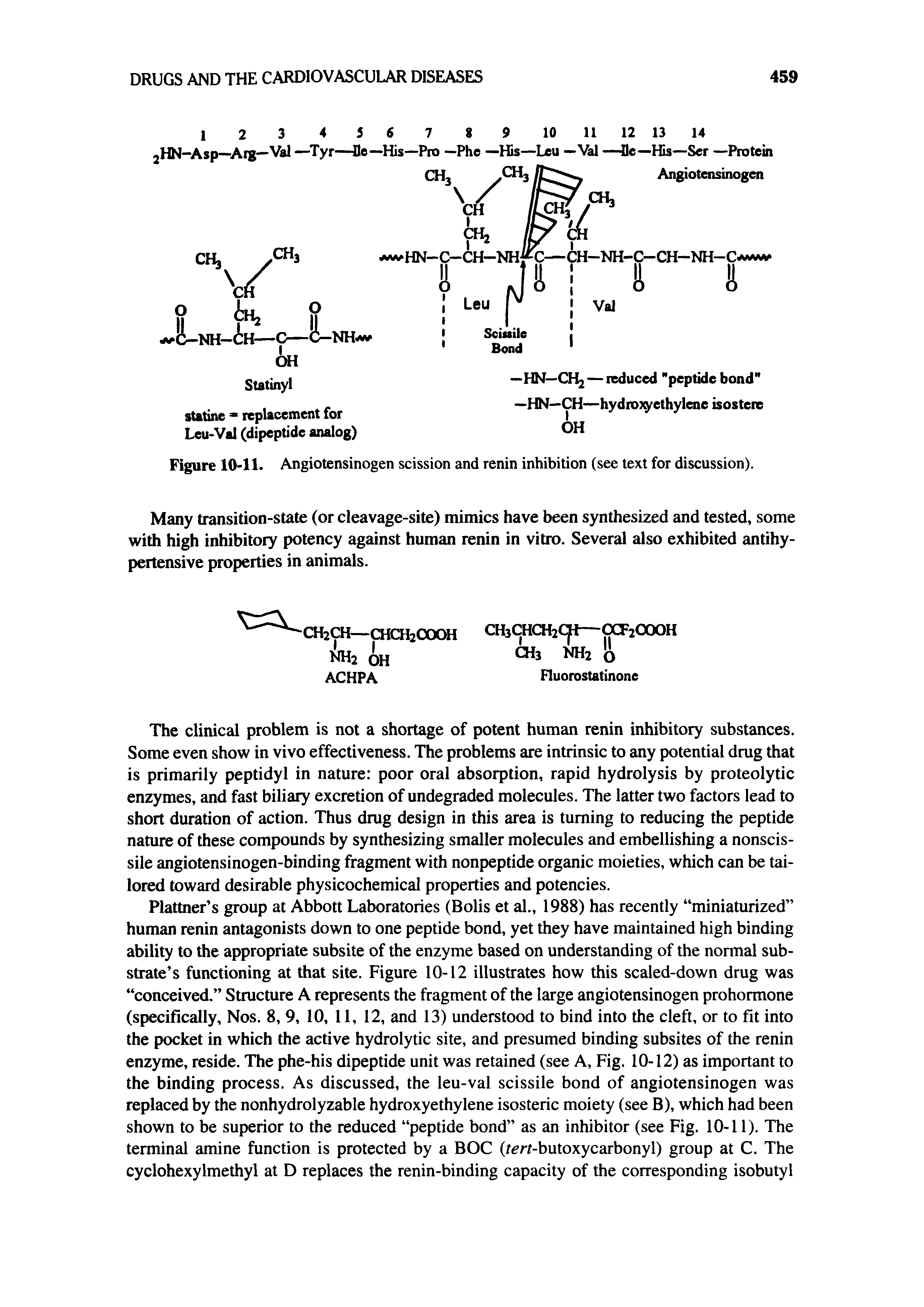 Figure 10-11. Angiotensinogen scission and renin inhibition (see text for discussion).
