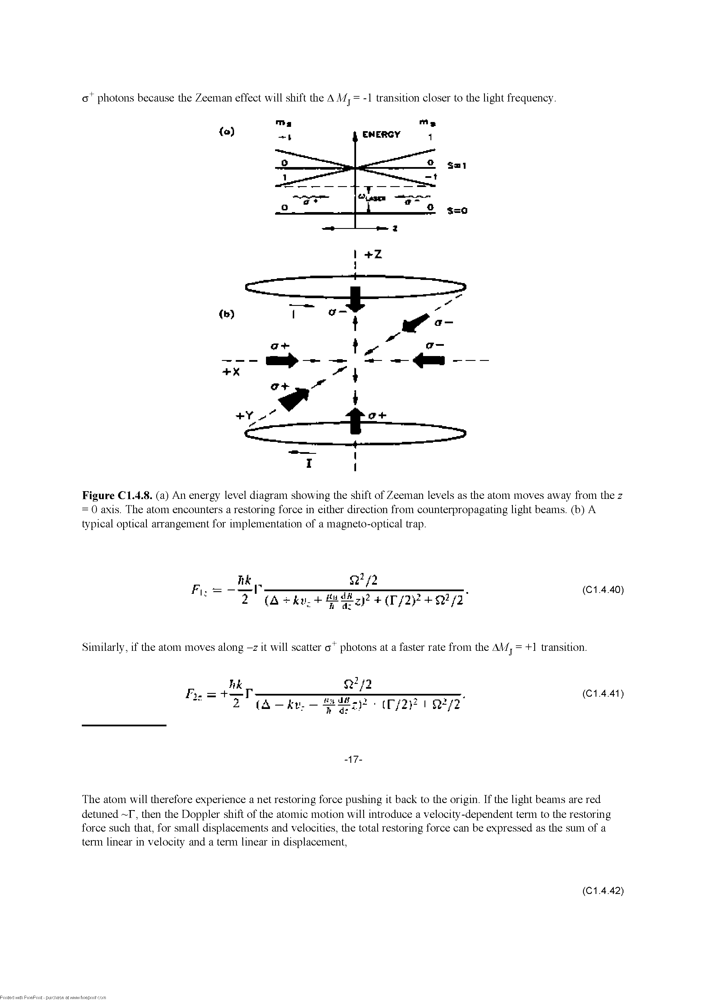 Figure C 1.4.8. (a) An energy level diagram showing the shift of Zeeman levels as the atom moves away from the z = 0 axis. The atom encounters a restoring force in either direction from counteriDropagating light beams, (b) A typical optical arrangement for implementation of a magneto-optical trap.