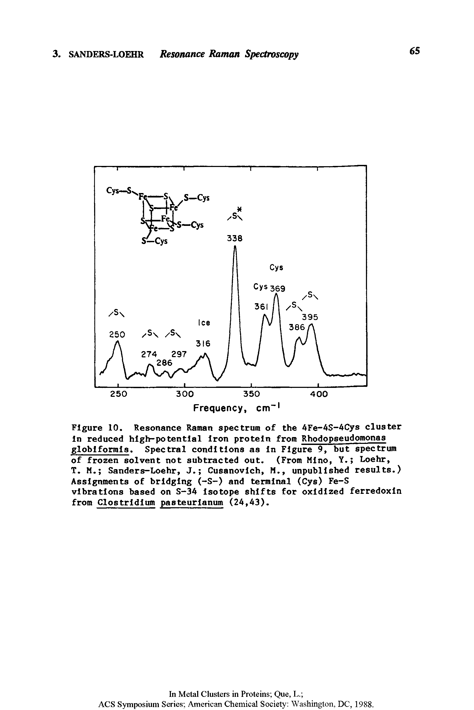 Figure 10. Resonance Raman spectrum of the 4Fe-AS-4Cys cluster In reduced high-potential Iron protein from Rhodopseudomonas globlformls. Spectral conditions as In Figure 9, but spectrum of frozen solvent not subtracted out. (From Mlno, Y. Loehr,...