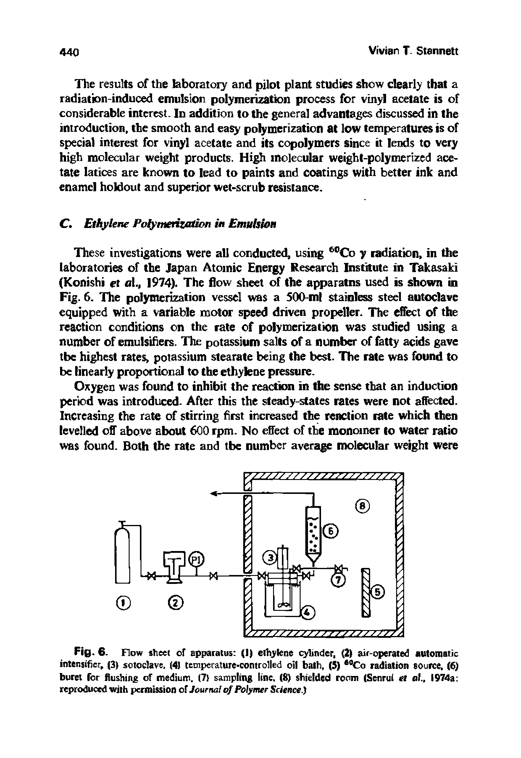 Fig. 6. Flow sheet of apparatus (I) ethylene cylinder, (2) air-operated automatic intensificr, (3) sctoclave. (41 temperature-controlled oil bath, (5) Co radiation source, (6) buret for flushing of medium. (7) samplittg line, (8) shielded room (Senrul ei at., 1974a reproduced with permission of Journal of Polymer Science.)...