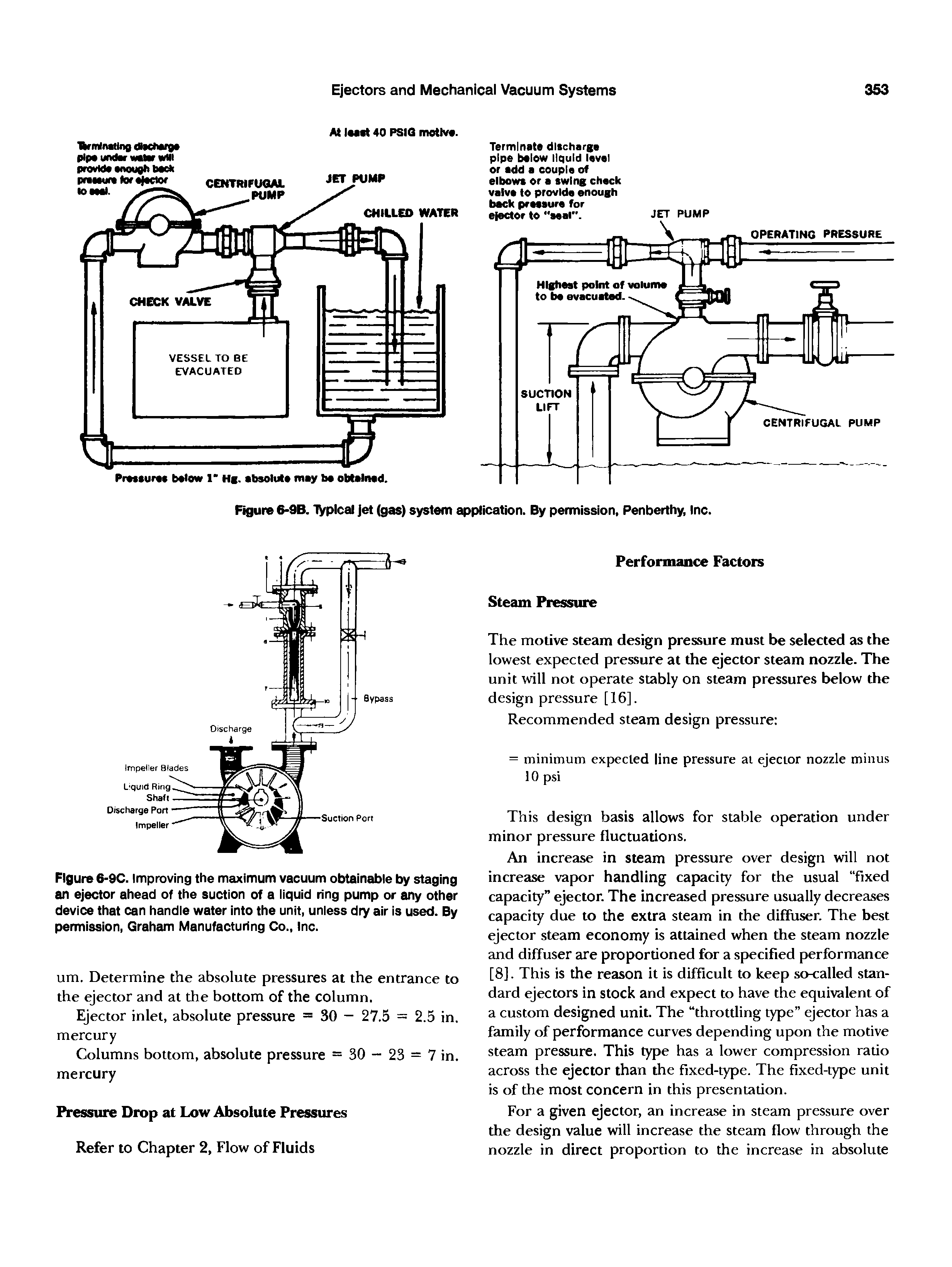 Figure 6-9C. Improving the maximum vacuum obtainable by staging an ejector ahead of the suction of a liquid ring pump or any other device that can handle water into the unit, unless dry air is used. By permission, Graham Manufacturing Co., Inc.