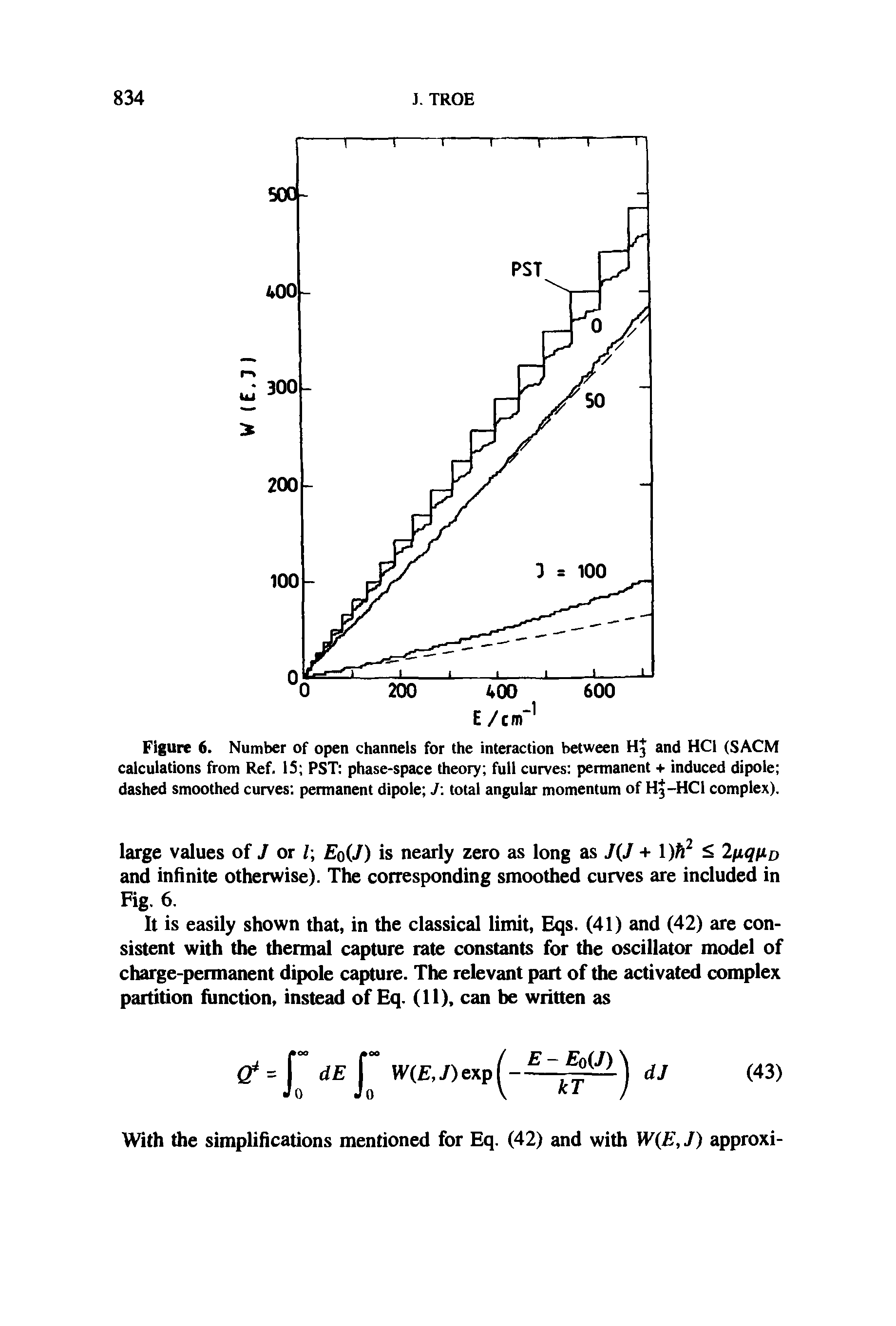 Figure 6. Number of open channels for the interaction between H3 and HC1 (SACM calculations from Ref. IS PST phase-space theory full curves permanent + induced dipole dashed smoothed curves permanent dipole J total angular momentum of H3-HCI complex).