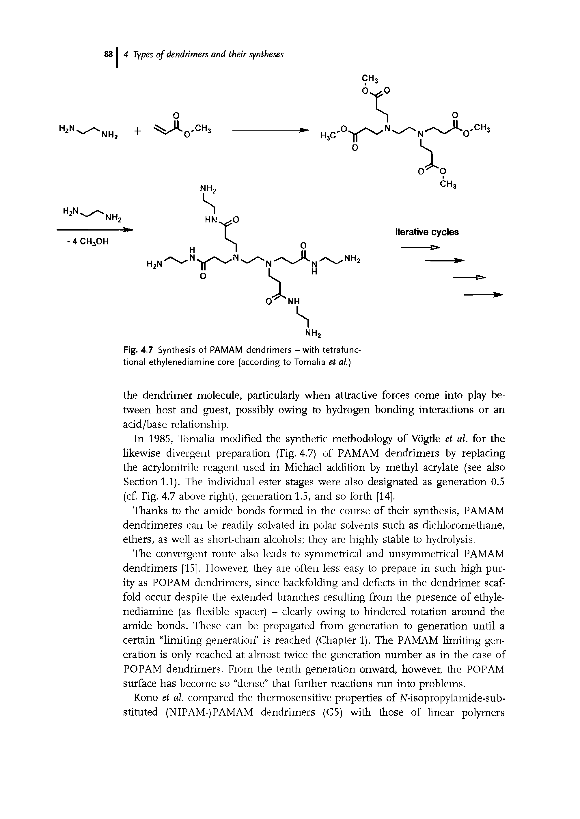Fig. 4.7 Synthesis of PAMAM dendrimers — with tetrafunc-tional ethylenediamine core (according to Tomalia et al.)...