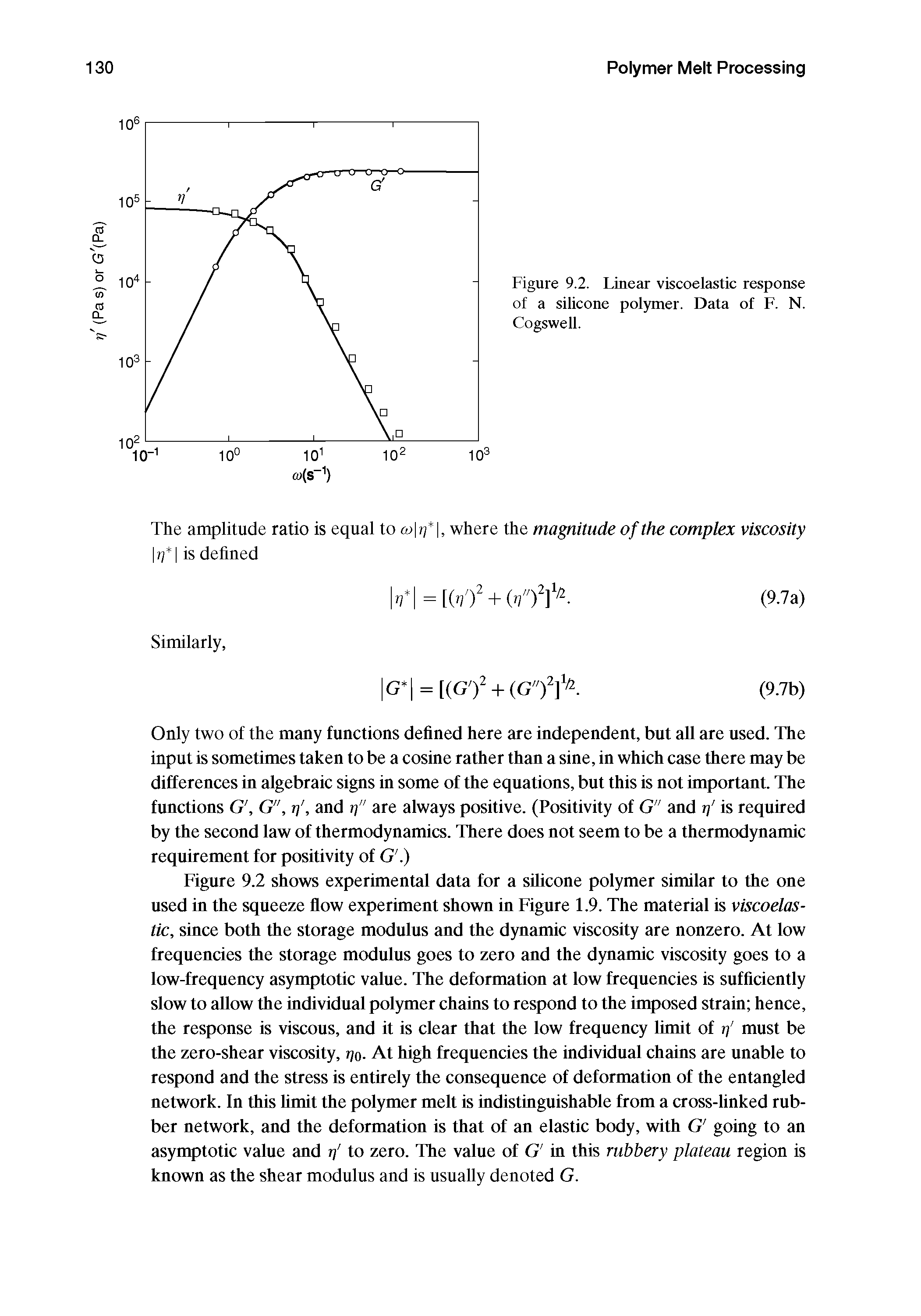 Figure 9.2 shows experimental data for a silicone polymer similar to the one used in the squeeze flow experiment shown in Figure 1.9. The material is viscoelastic, since both the storage modulus and the dynamic viscosity are nonzero. At low frequencies the storage modulus goes to zero and the dynamic viscosity goes to a low-frequency asymptotic value. The deformation at low frequencies is sufficiently slow to allow the individual polymer chains to respond to the imposed strain hence, the response is viscous, and it is clear that the low frequency limit of n must be the zero-shear viscosity, t]q. At high frequencies the individual chains are unable to respond and the stress is entirely the consequence of deformation of the entangled network. In this limit the polymer melt is indistinguishable from a cross-linked rubber network, and the deformation is that of an elastic body, with G going to an asymptotic value and rj to zero. The value of G in this rubbery plateau region is known as the shear modulus and is usually denoted G.