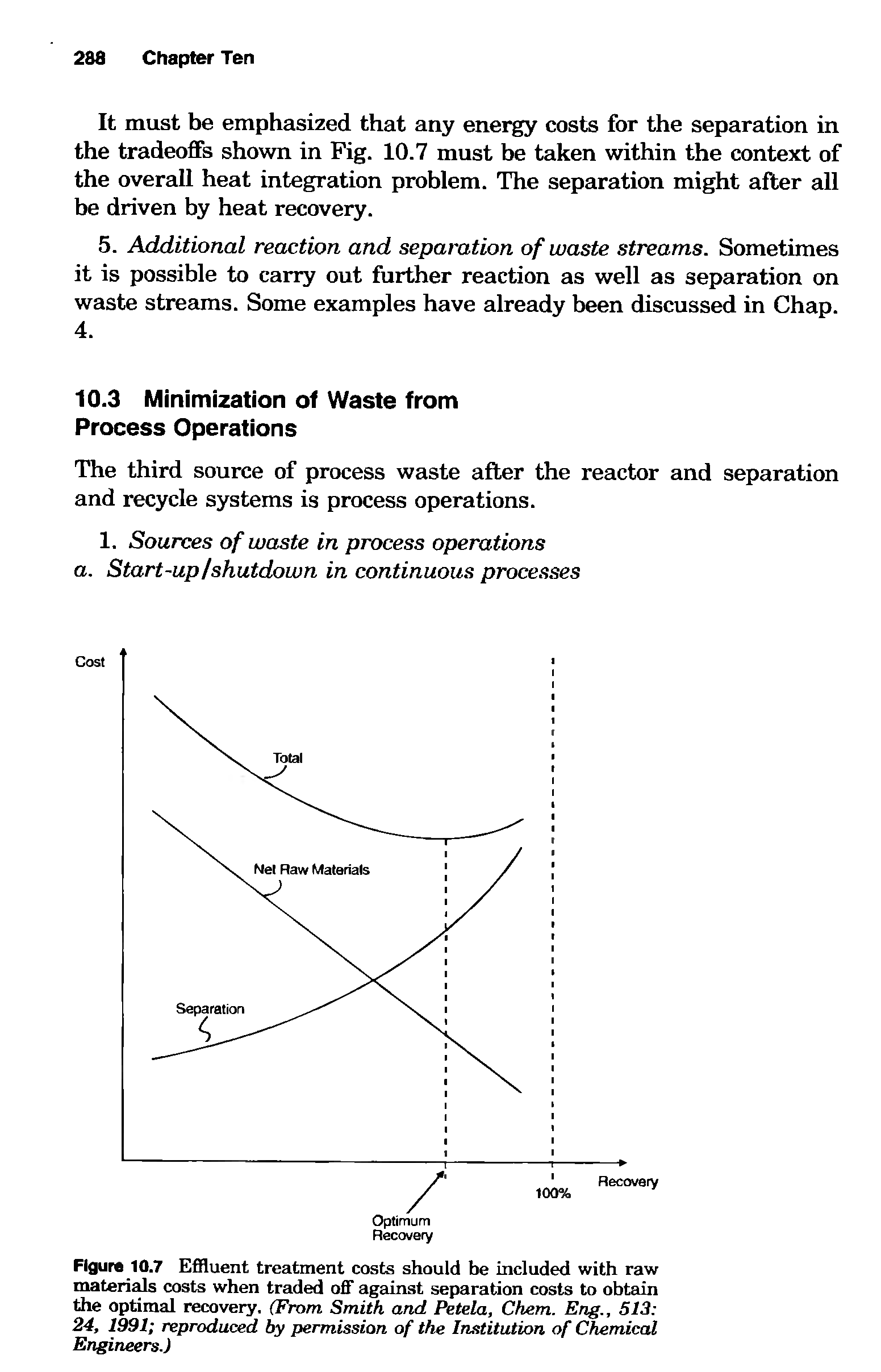Figure 10.7 Effluent treatment costs should be included with raw materials costs when traded off against separation costs to obtain the optimal recovery. (From Smith and Petela, Chem. Eng., 513 24, 1991 reproduced by permission of the Institution of Chemical Engineers.)...
