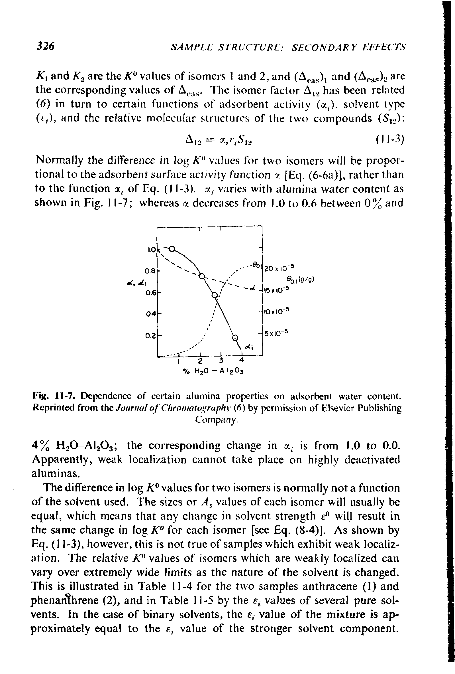 Fig. 11-7. Dependence of certain alumina properties on adsorbent water content. Reprinted from the Joiirtia/ of Chromatography (6) by permission of Elsevier Publishing...