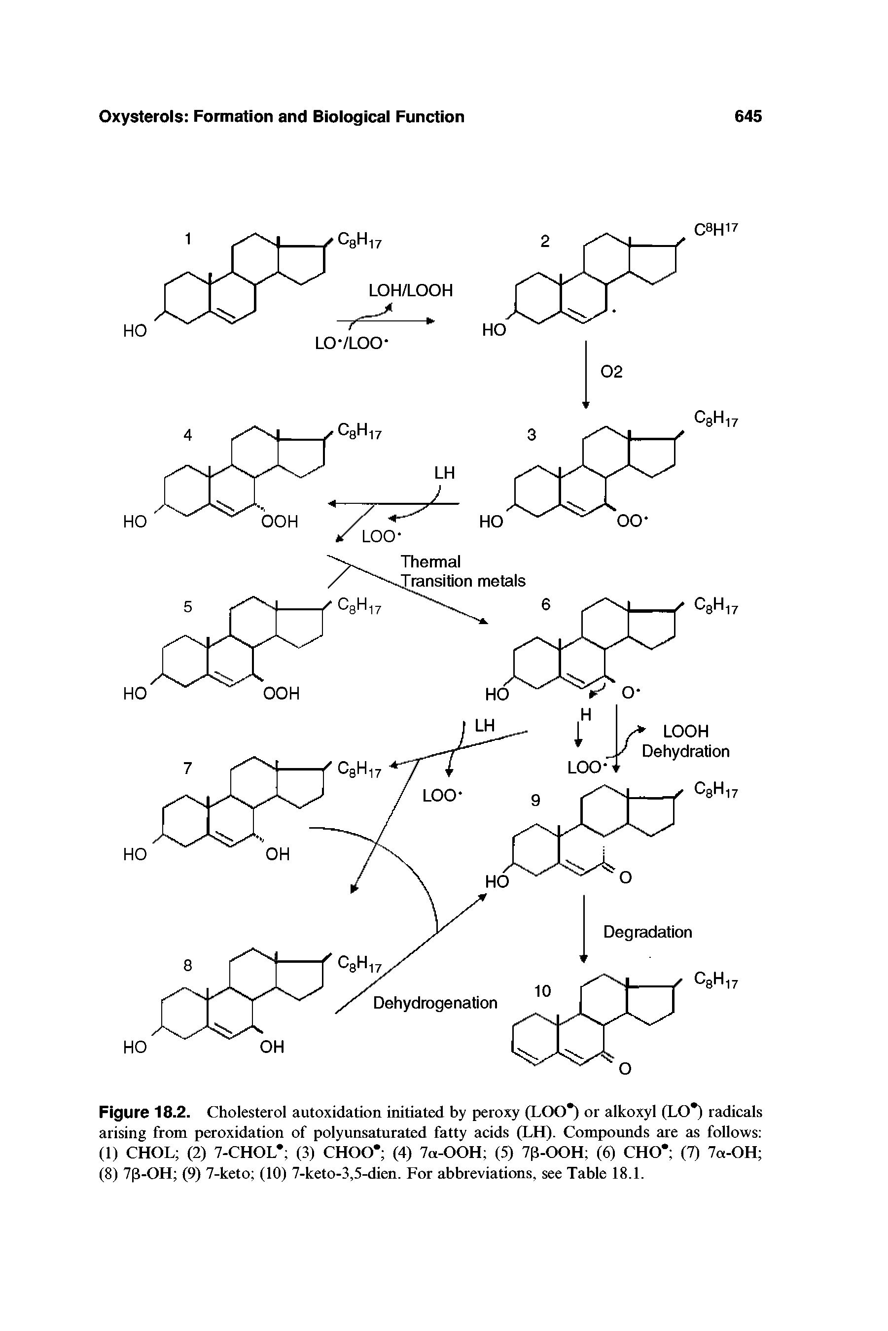 Figure 18.2. Cholesterol autoxidation initiated by peroxy (LOO ) or alkoxyl (LO ) radicals arising from peroxidation of polyunsaturated fatty acids (LH). Compounds are as follows (1) CHOL (2) 7-CHOL (3) CHOO (4) 7a-OOH (5) 7fLOOH (6) CHO (7) 7a-OH (8) 7(3-OH (9) 7-keto (10) 7-keto-3,5-dien. For abbreviations, see Table 18.1.