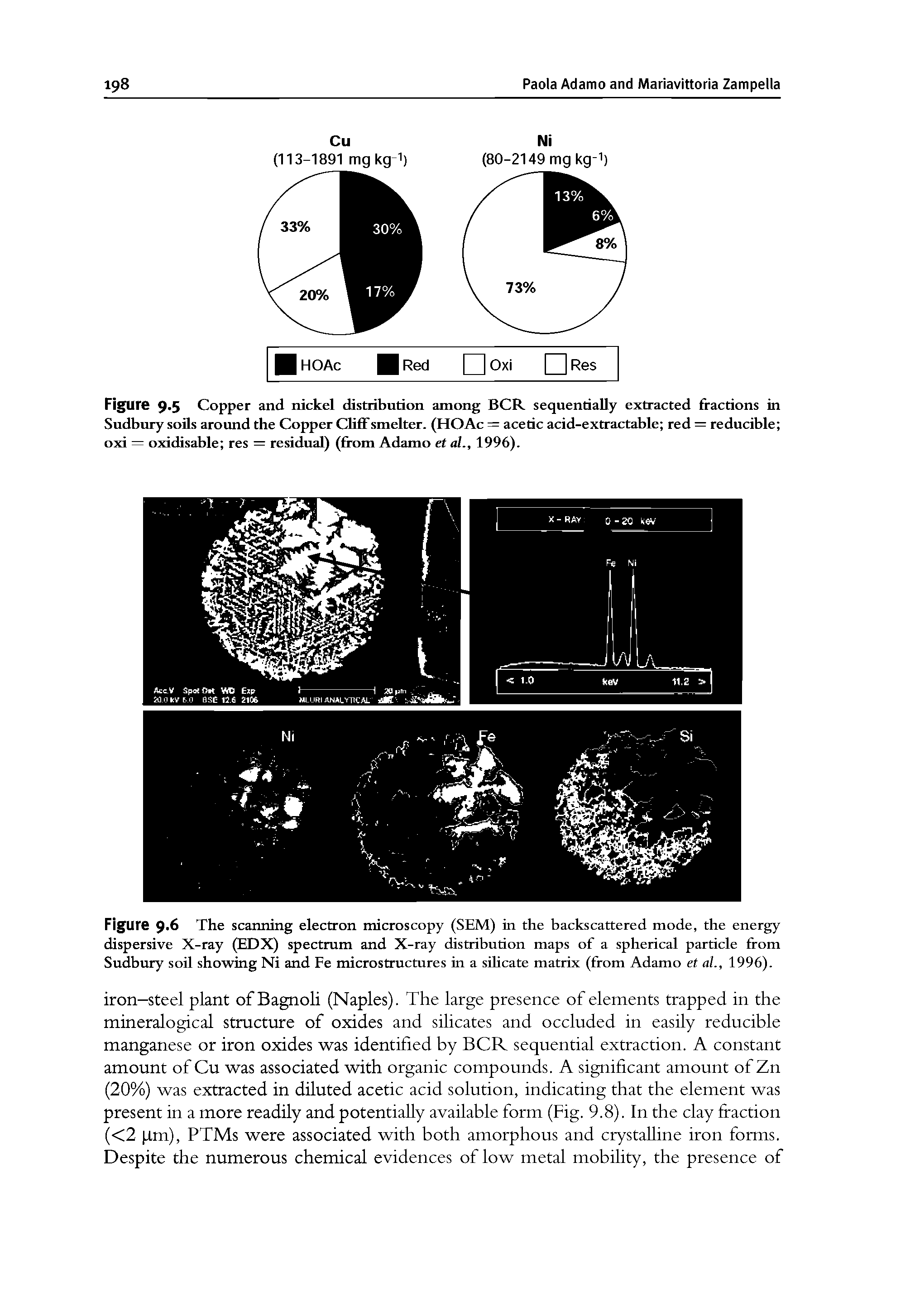 Figure 9-6 The scanning electron microscopy (SEM) in the backscattered mode, the energy dispersive X-ray (EDX) spectrum and X-ray distribution maps of a spherical particle from Sudbury soil showing Ni and Fe microstructures in a silicate matrix (from Adamo et al., 1996).