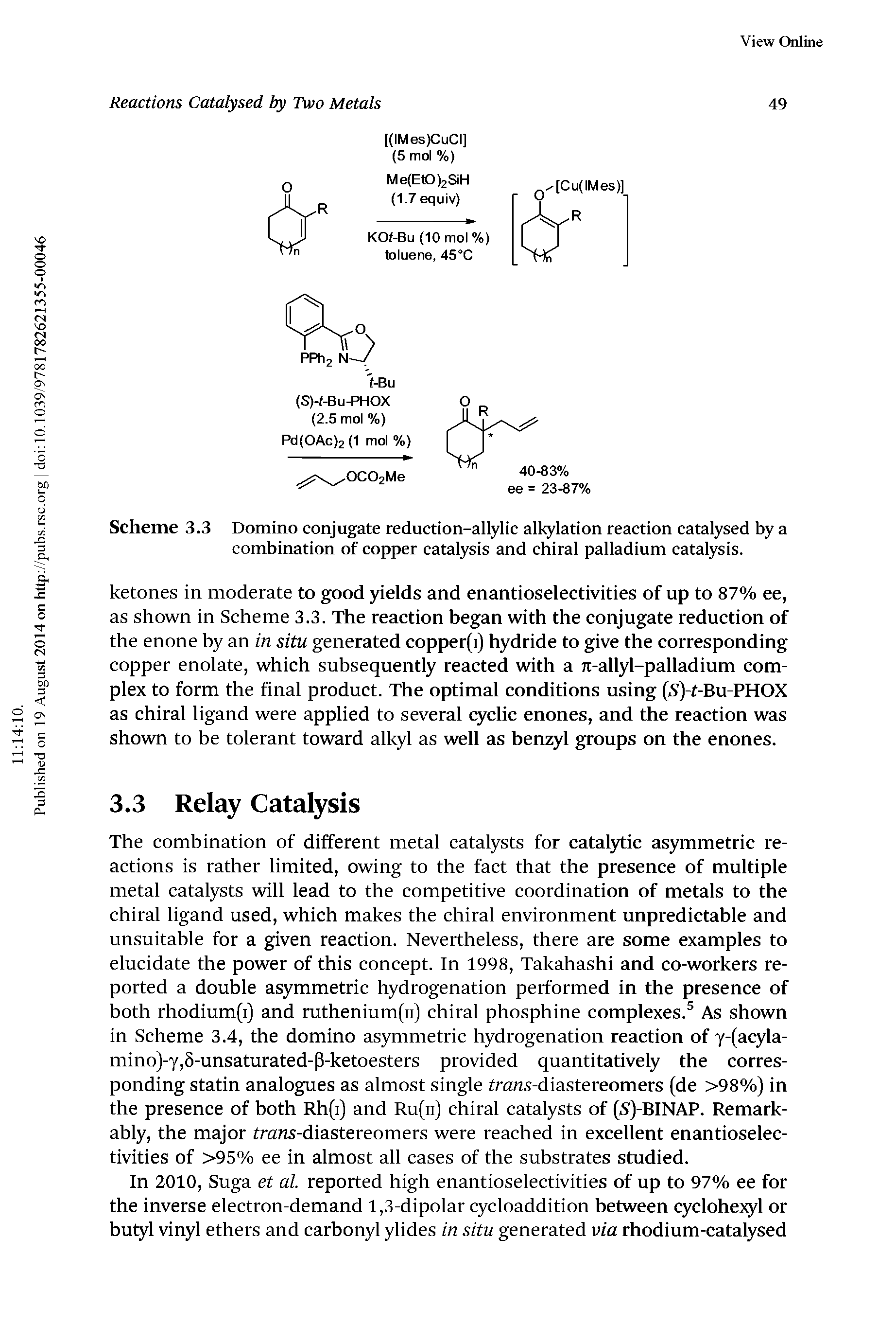 Scheme 3.3 Domino conjugate reduction-allylic alkylation reaction catalysed by a combination of copper catalysis and chiral palladium catalysis.