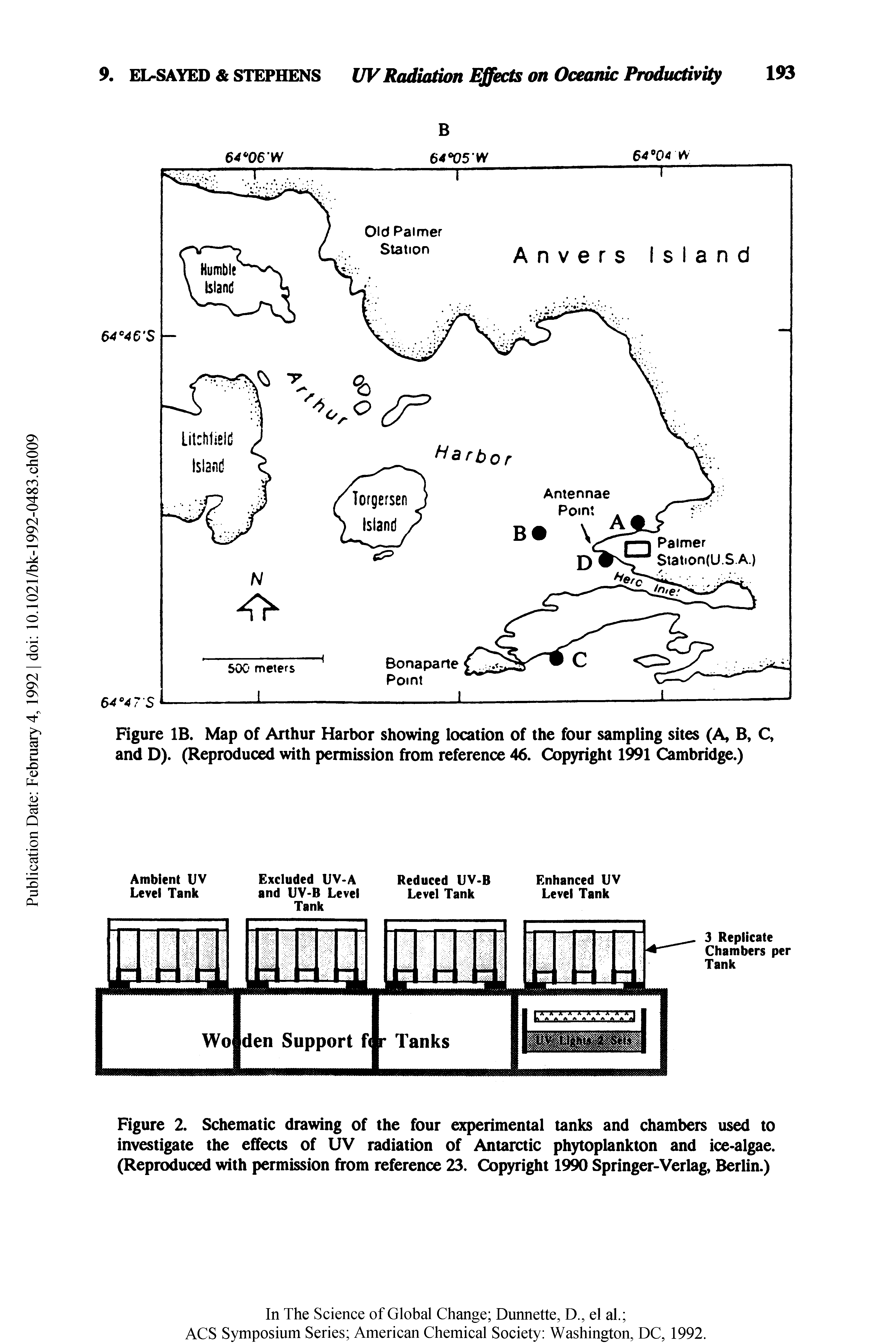 Figure IB. Map of Arthur Harbor showing location of the four sampling sites (A, B, Q and D). (Reproduced with permission from reference 46. Copyright 1991 Cambridge.)...