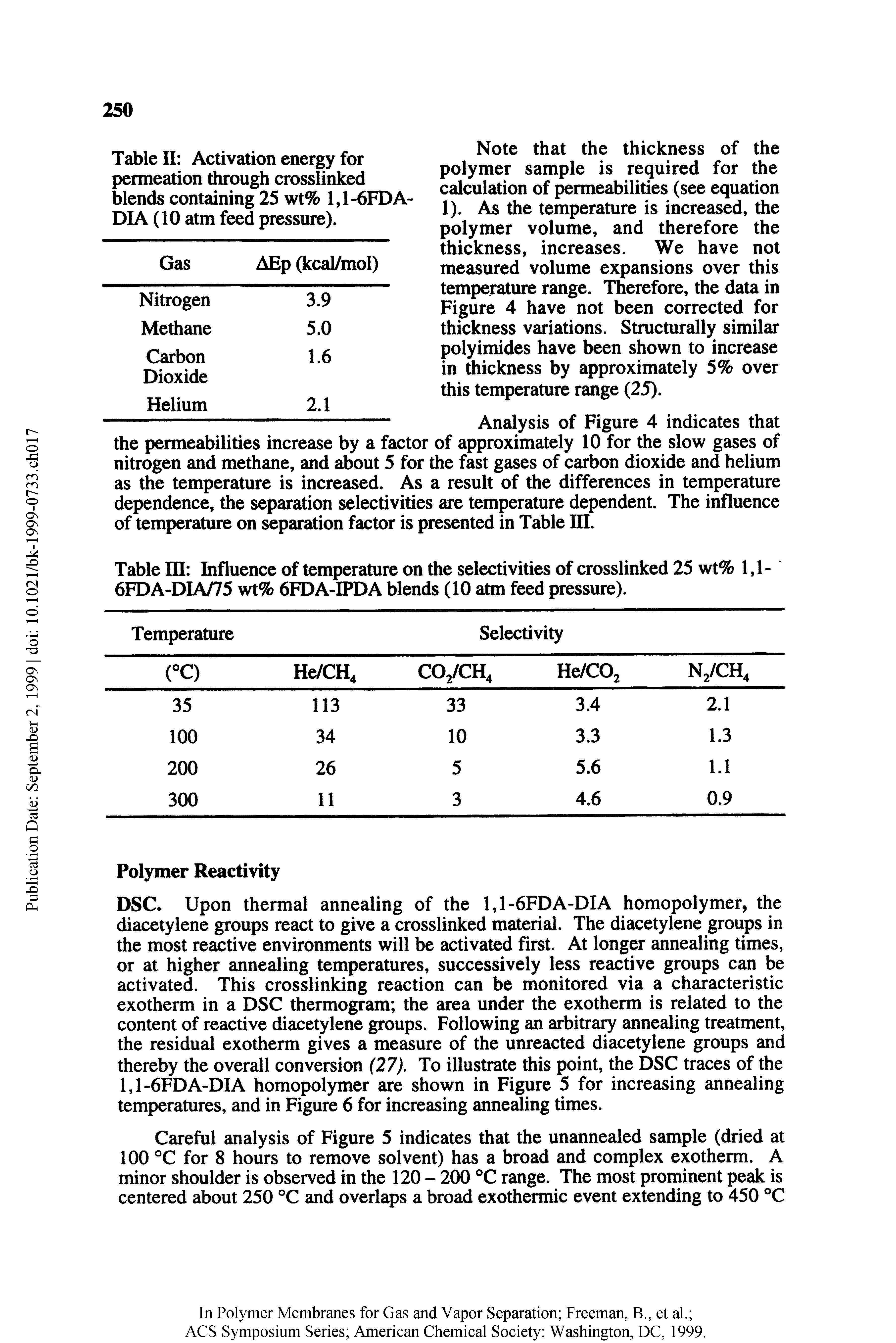 Table II Activation energy for permeation through crosslinked blends containing 25 wt% 1,1-6FDA-DIA (10 atm feed pressure).