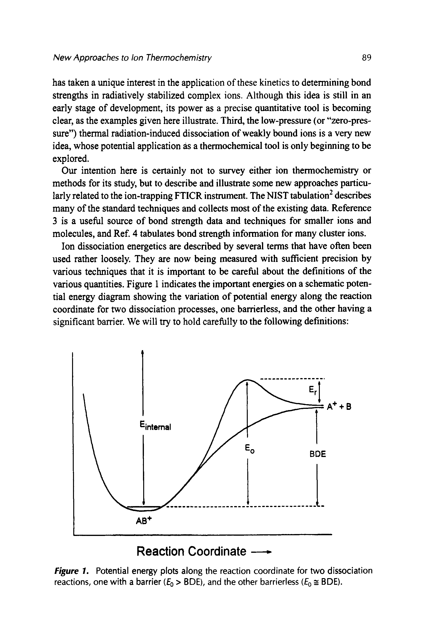 Figure 1. Potential energy plots along the reaction coordinate for two dissociation reactions, one with a barrier (Eq > 8DE), and the other barrierless (Eq s BDE).