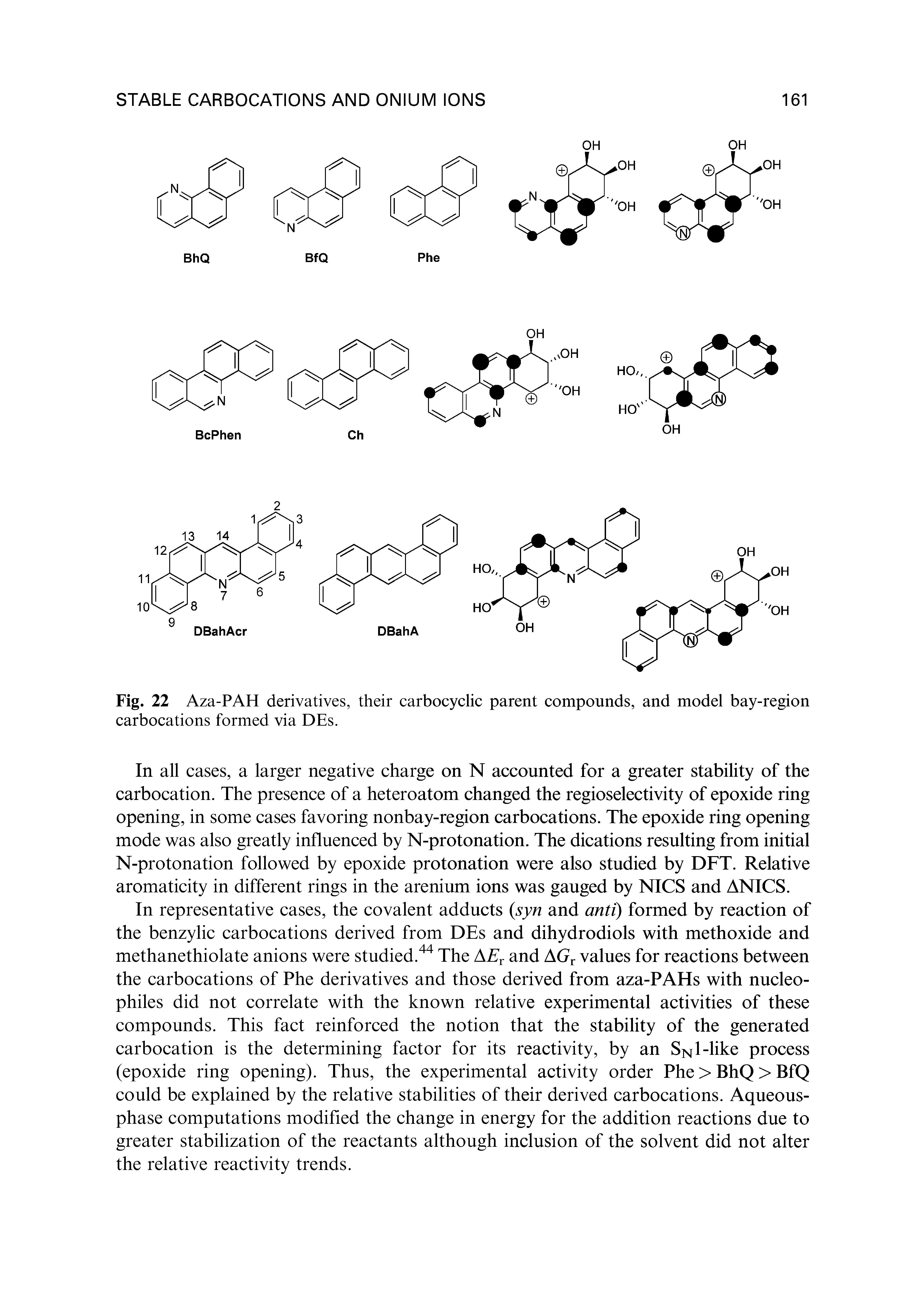 Fig. 22 Aza-PAH derivatives, their carbocyclic parent compounds, and model bay-region carbocations formed via DEs.