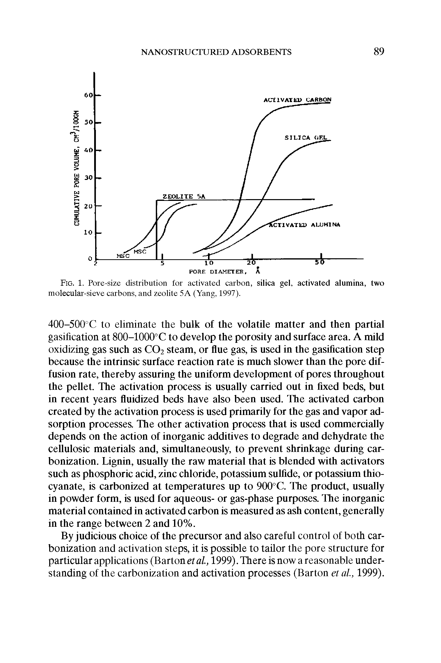 Fig. 1. Pore-size distribution for activated carbon, silica gel, activated alumina, two molecular-sieve carbons, and zeolite 5A (Yang, 1997).