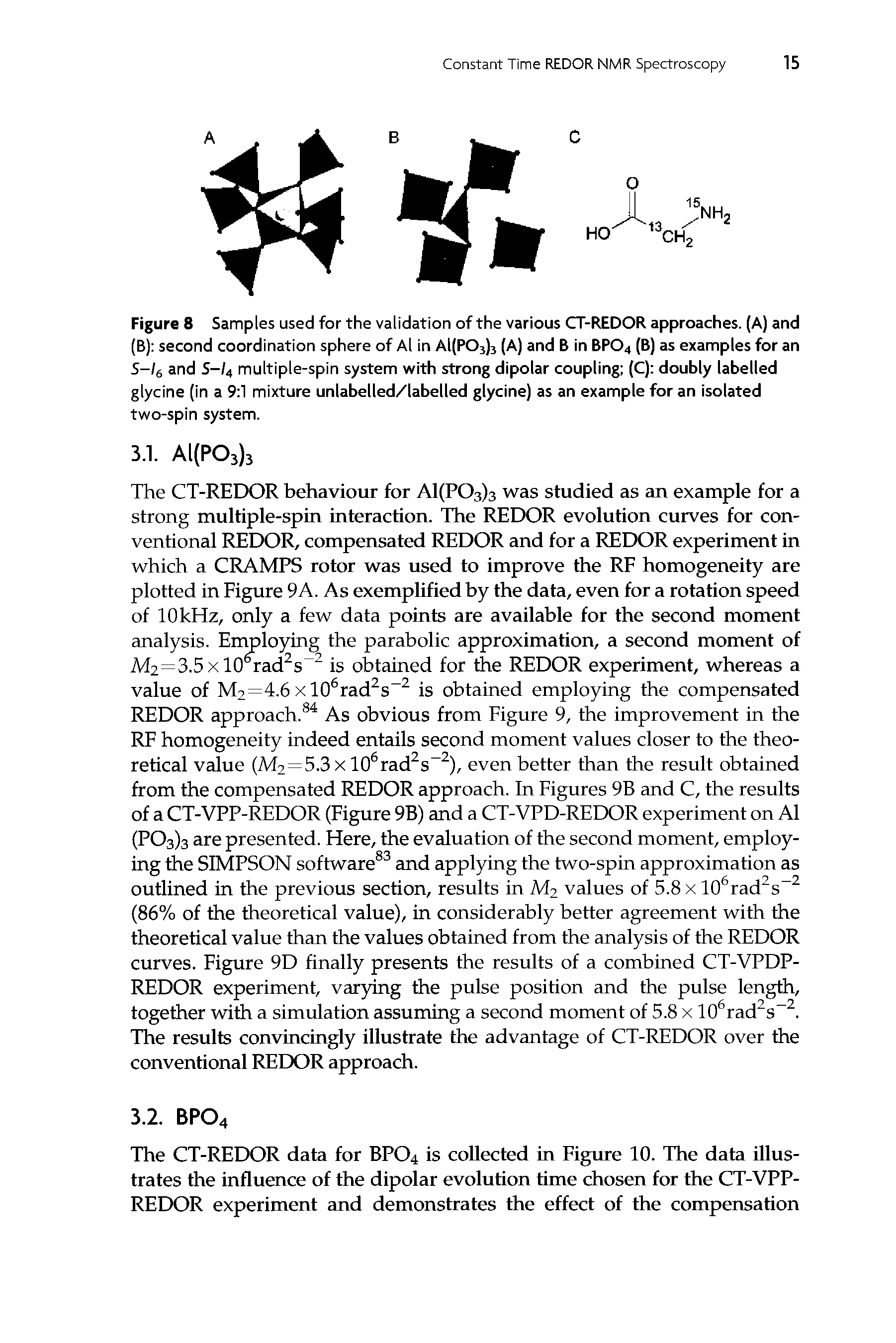 Figure 8 Samples used for the validation of the various CT-REDOR approaches. (A) and (B) second coordination sphere of Al in Al(P03)3 (A) and B in BPO4 (B) as examples for an S-/e and S-/4 multiple-spin system with strong dipolar coupling (C) doubly labelled glycine (in a 9 1 mixture unlabelled/labelled glycine) as an example for an isolated two-spin system.