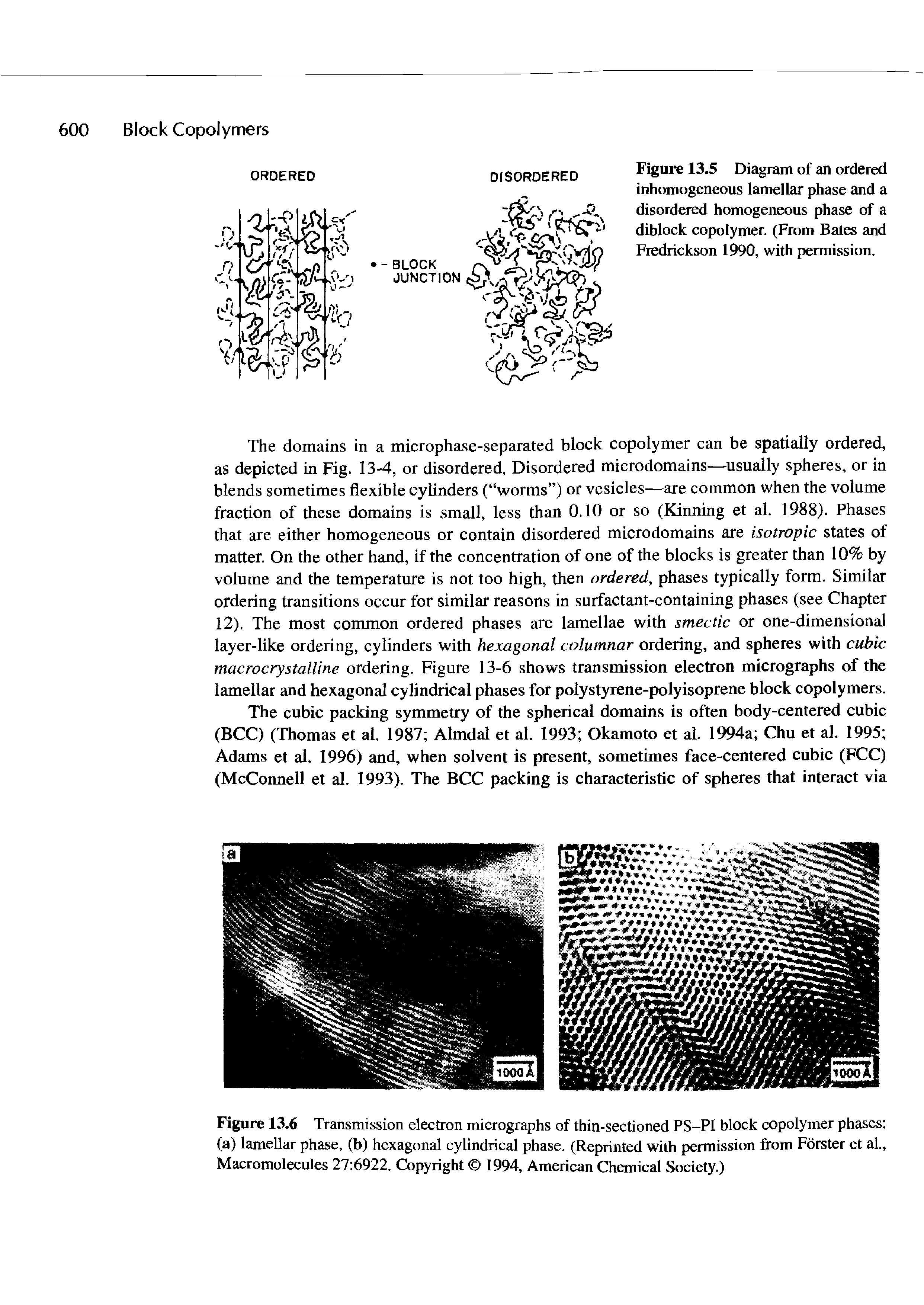 Figure 13.6 Transmission electron micrographs of thin-sectioned PS-PI block copolymer phases (a) lamellar phase, (b) hexagonal cylindrical phase. (Reprinted with permission from Forster et al.. Macromolecules 27 6922. Copyright 1994, American Chemical Society.)...