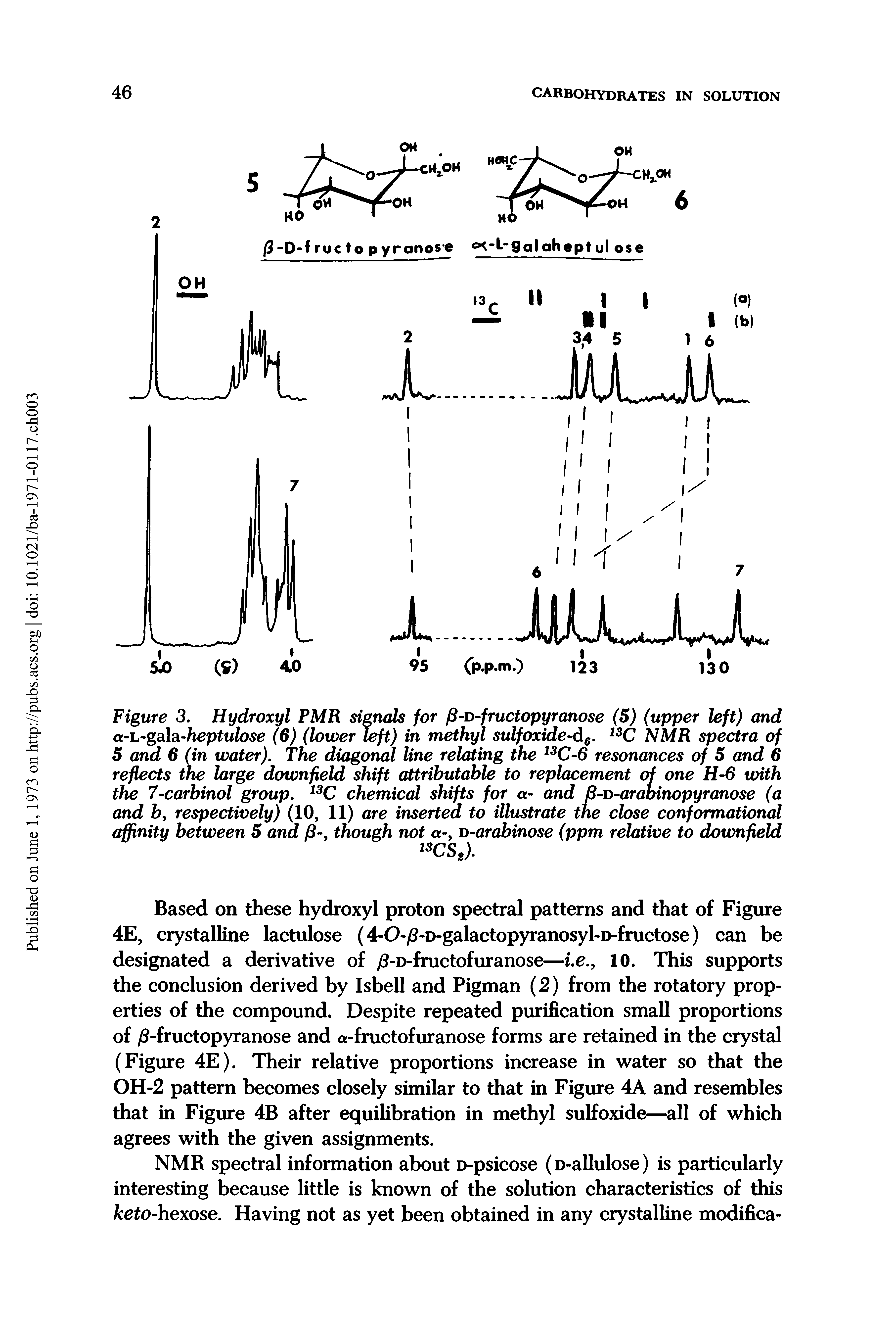 Figure 3. Hydroxyl PMR signals for p-o-fructopyranose (5) (upper left) and ct-L-gala-heptulose (6) (lower left) in methyl sulfoxide-dtf. 13C NMR spectra of 5 and 6 (in water). The diagonal line relating the 13C-6 resonances of 5 and 6 reflects the large downfield shift attributable to replacement of one H-6 with the 7-carbinol group. 13C chemical shifts for a- and B-o-arabinopyranose (a and b, respectively) (10, 11) are inserted to illustrate the close conformational affinity between 5 and / -, though not a-, d-arabinose (ppm relative to downfield...