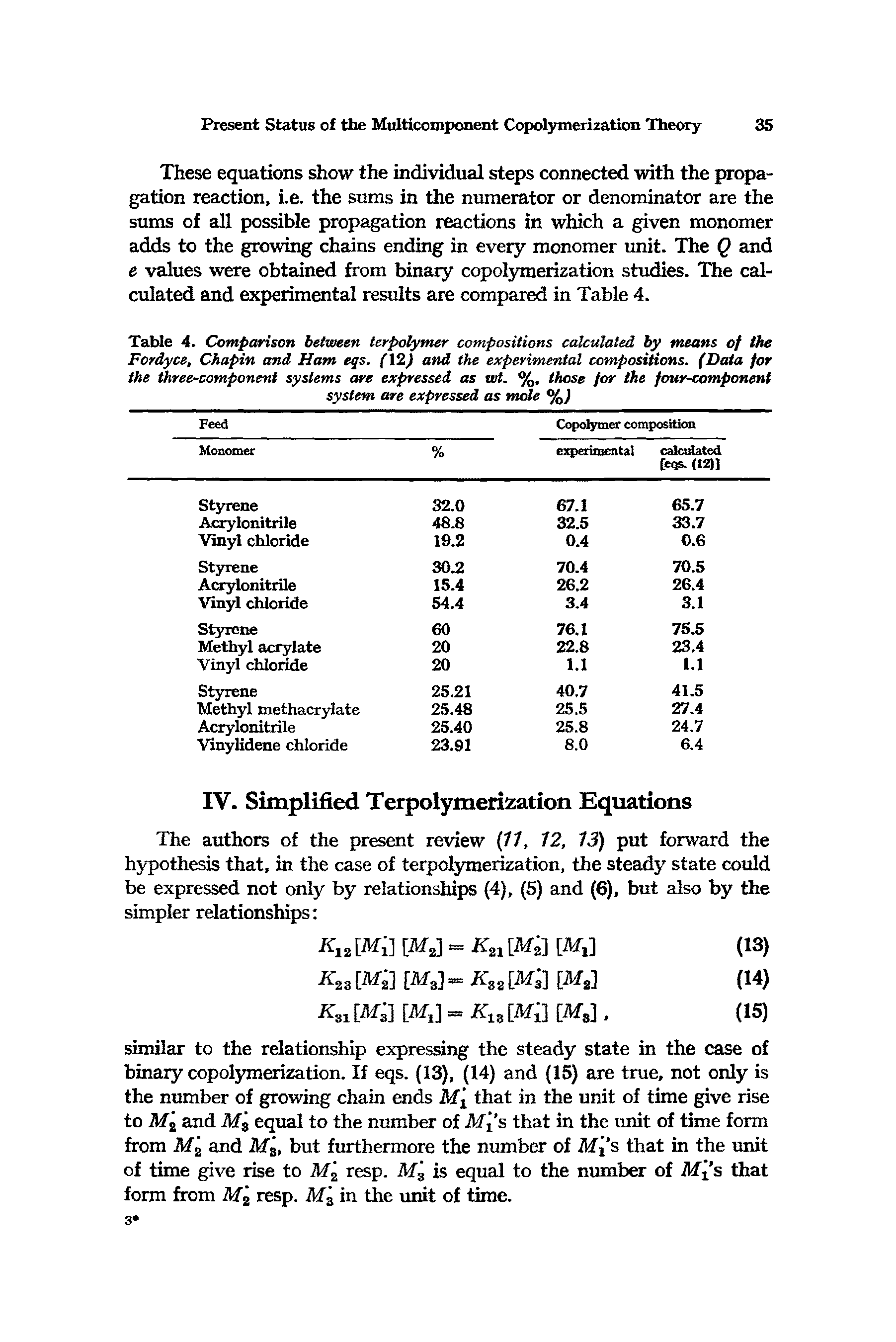 Table 4. Comparison between terpolymer compositions calculated by means of the Fordyce, Chapin and Ham eqs. fl2) and the experimental compositions. (Data for ike three-component systems are expressed as wt. %, those for the four-component system are expressed as nude %J...