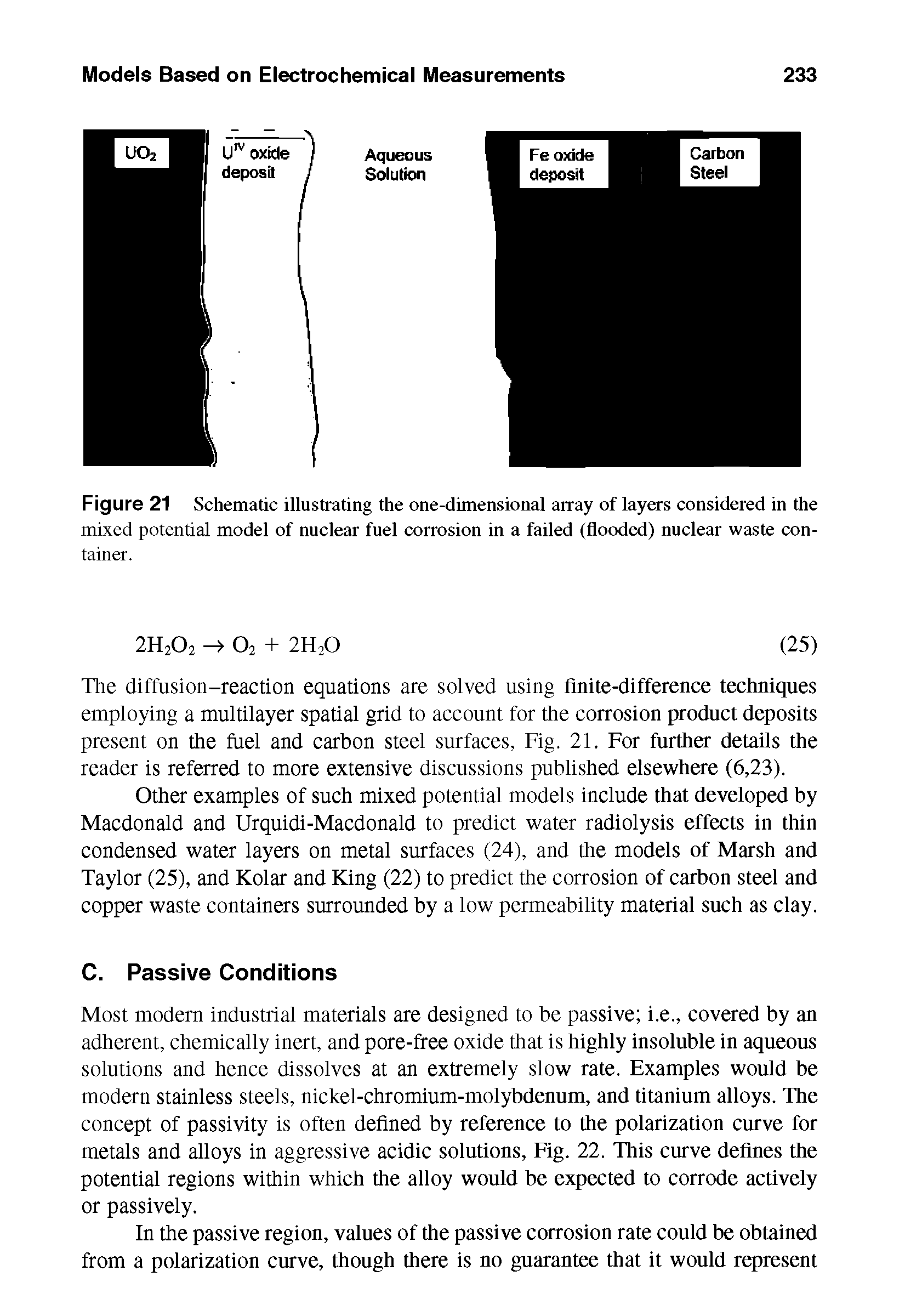 Figure 21 Schematic illustrating the one-dimensional array of layers considered in the mixed potential model of nuclear fuel corrosion in a failed (flooded) nuclear waste container.