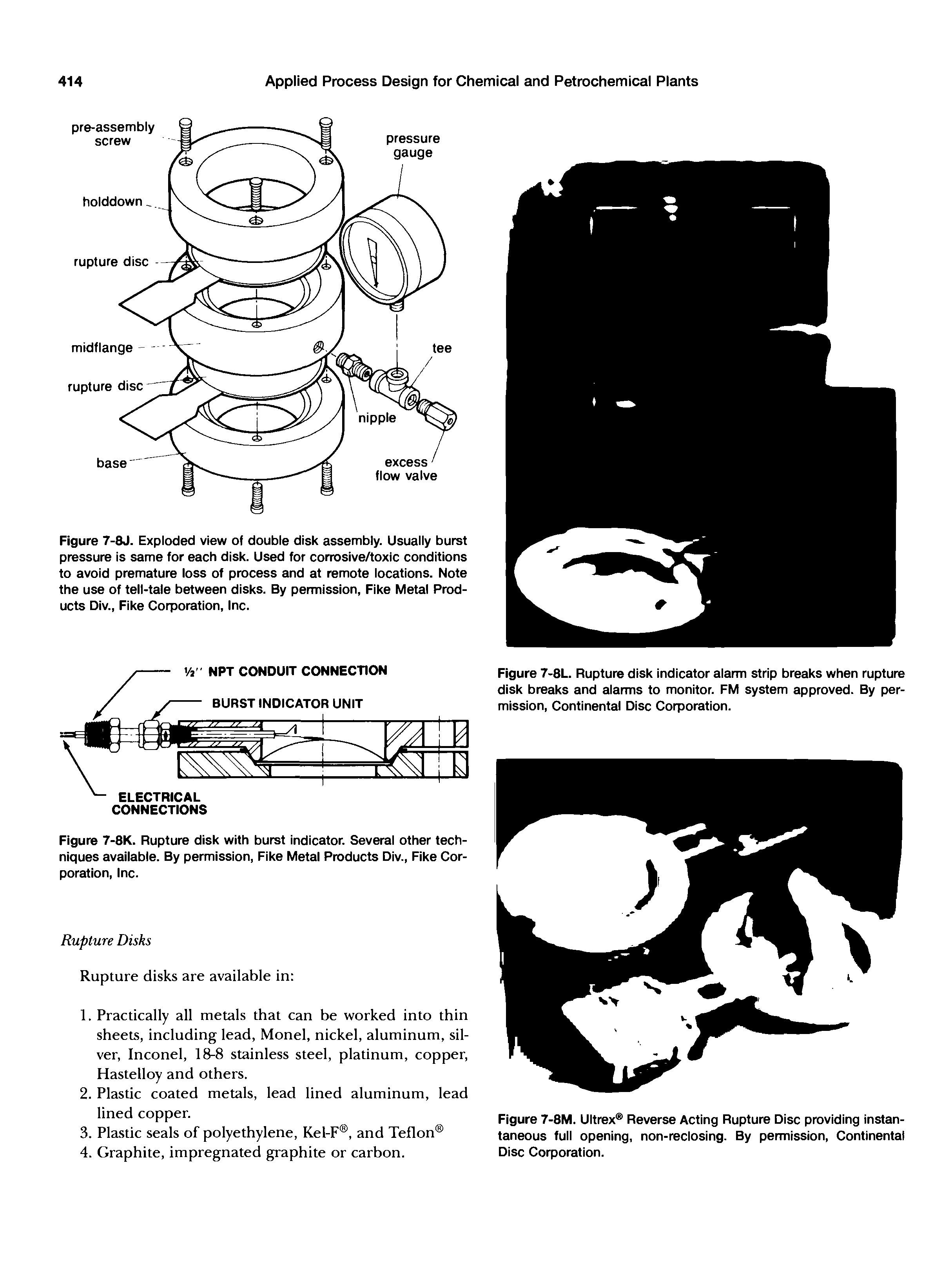 Figure 7-8J. Exploded view of double disk assembly. Usually burst pressure is same for each disk. Used for corrosive/toxic conditions to avoid premature loss of process and at remote locations. Note the use of tell-tale between disks. By permission, Fike Metal Products Div., Flke Corporation, Inc.