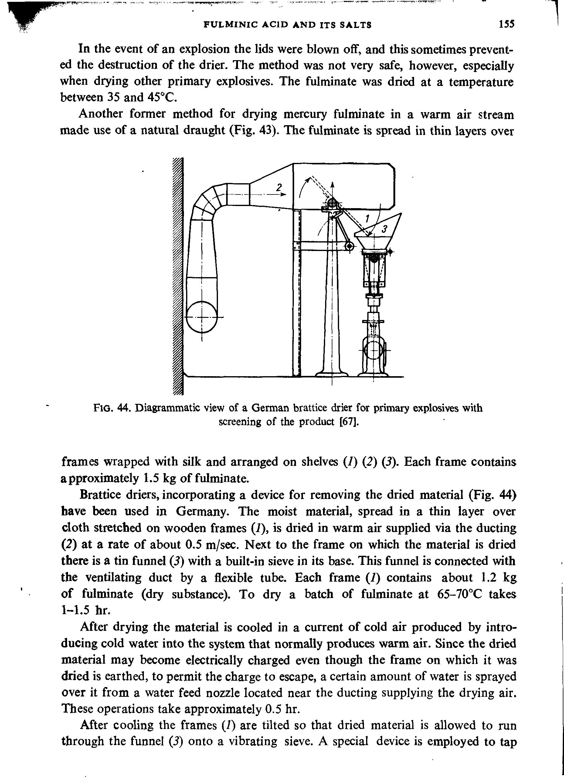 Fig. 44. Diagrammatic view of a German brattice drier for primary explosives with screening of the product [67],...