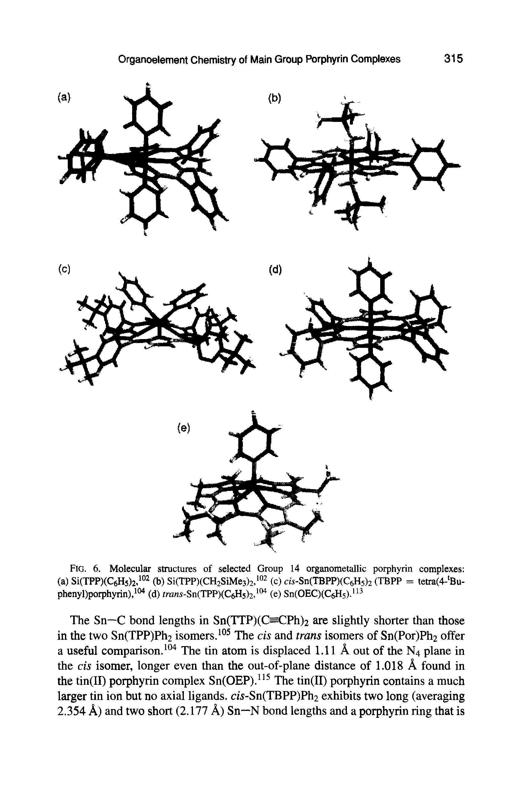 Fig. 6. Molecular structures of selected Group 14 organometallic porphyrin complexes (a) Si(TPP)(C6H5)2, (b) Si(TPP)(CH2SiMe3)2, (c) cis-SnCTBPPKCeHjlz (TBPP = tetra(4- Bu-phenyl)porphyrin), (d) rranr-Sn(TPP)(C6H5)2, (e) Sn(OEC)(C6H5)." ...