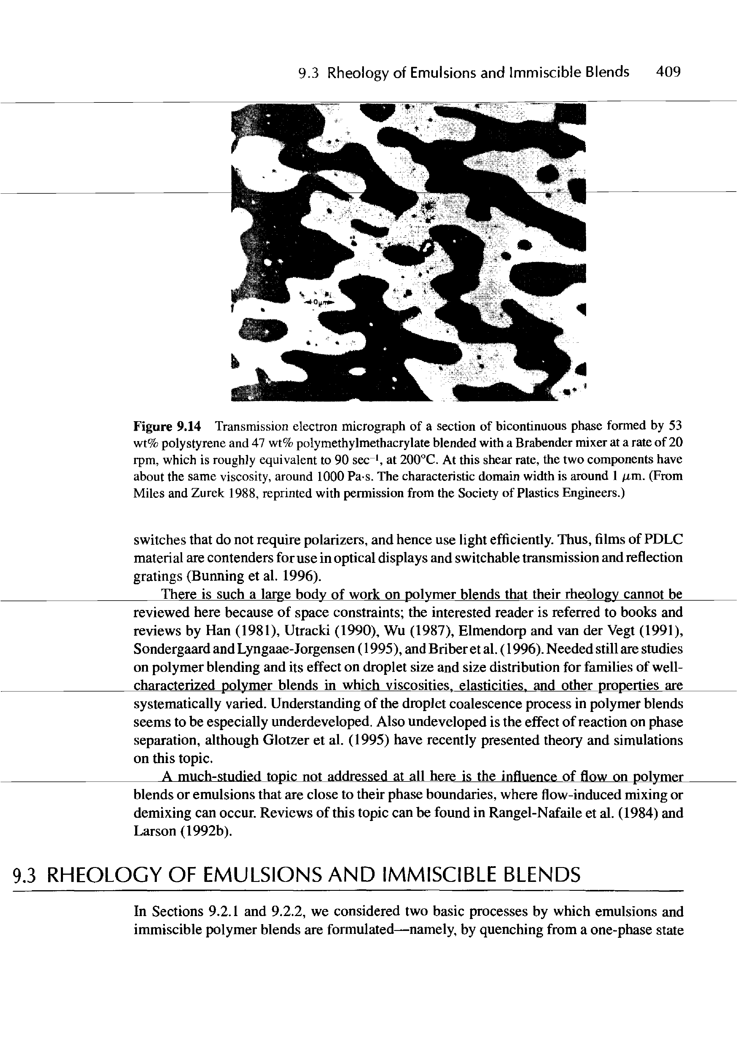 Figure 9.14 Transmission electron micrograph of a section of bicontinuous phase formed by 53 wt% polystyrene and 47 wt% polymethylmethacrylate blended with a Brabender mixer at a rate of 20 rpm, which is roughly equivalent to 90 sec, at 200°C. At this shear rate, the two components have about the same viscosity, around 1000 Pa s. The characteristic domain width is around 1 /xm. (From Miles and Zurek 1988, reprinted with permission from the Society of Plastics Engineers.)...