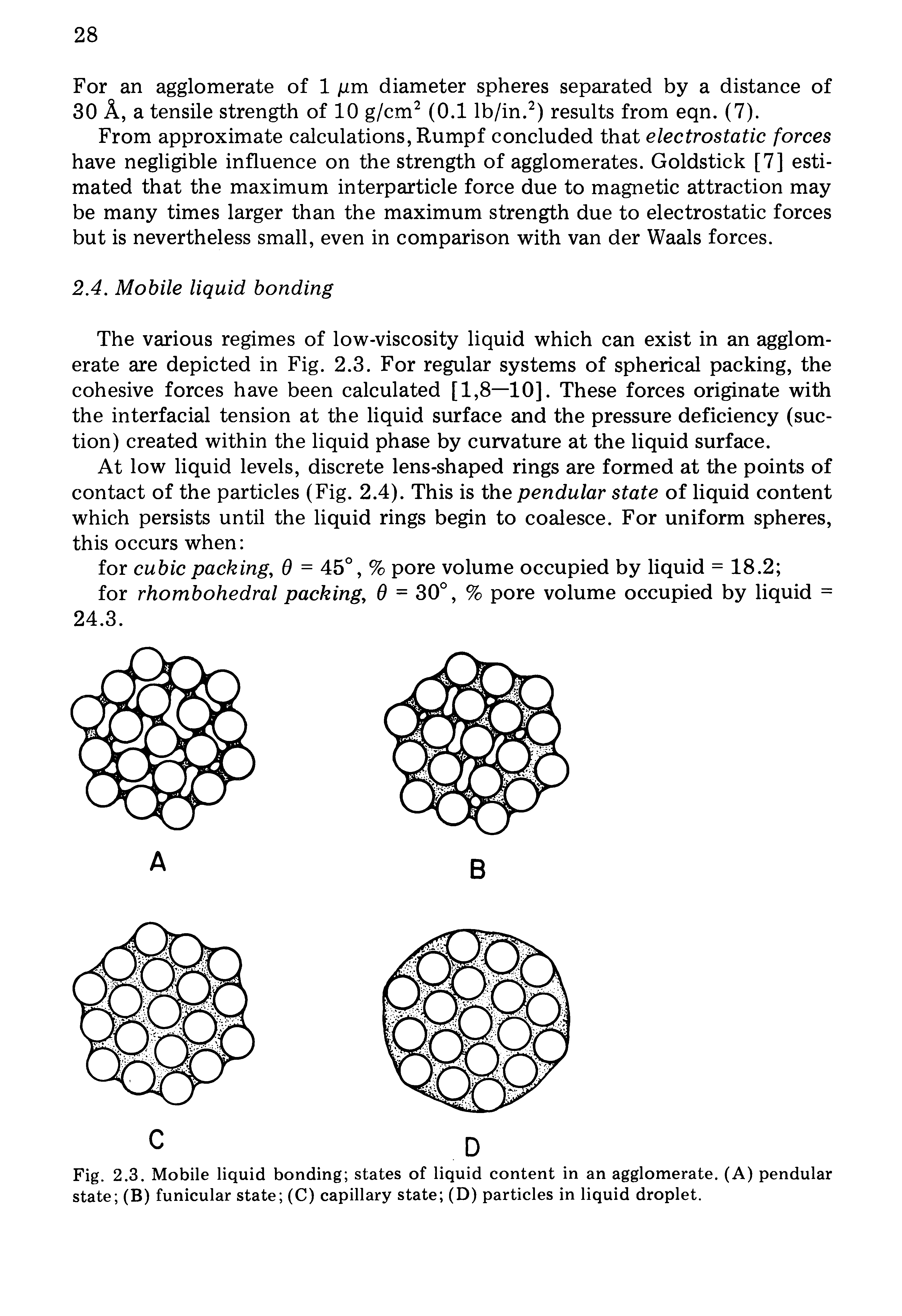 Fig. 2.3. Mobile liquid bonding states of liquid content in an agglomerate. (A) pendular state (B) funicular state (C) capillary state (D) particles in liquid droplet.