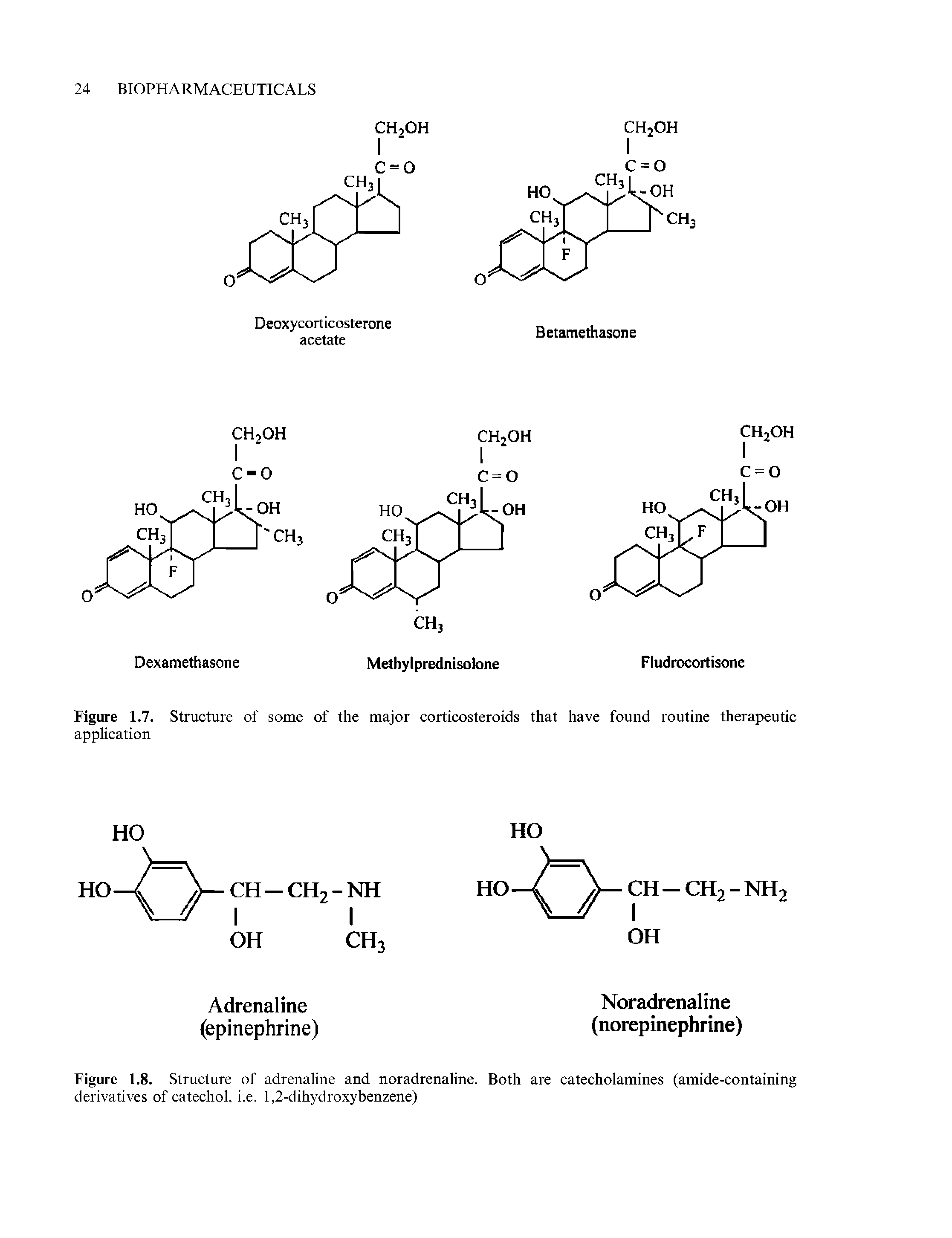 Figure 1.8. Structure of adrenaline and noradrenaline. Both are catecholamines (amide-containing...