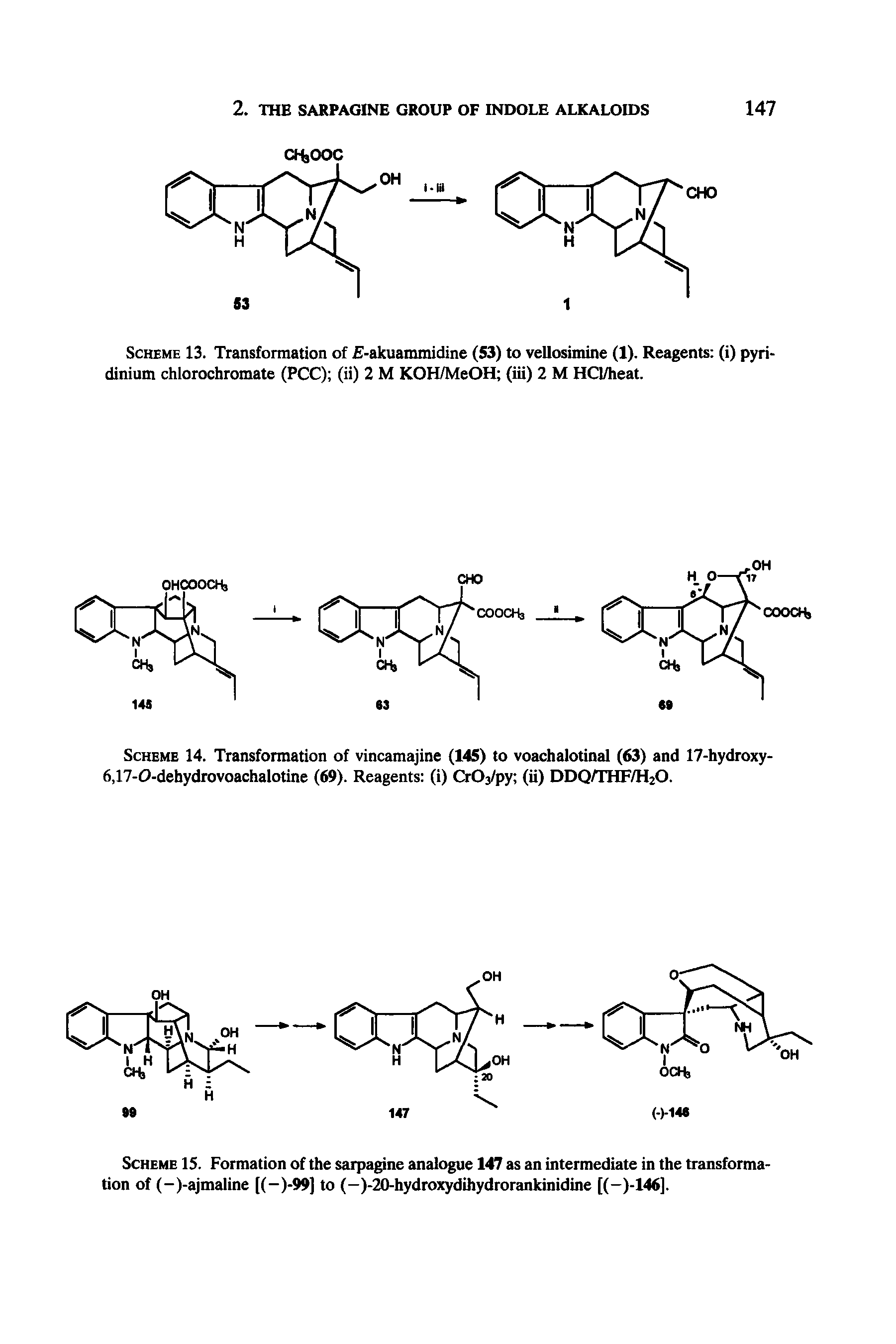 Scheme 14. Transformation of vincamajine (145) to voachalotinal (63) and 17-hydroxy-6,17-O-dehydrovoachalotine (69). Reagents (i) CrOj/py (ii) DDQ/THF/H20.