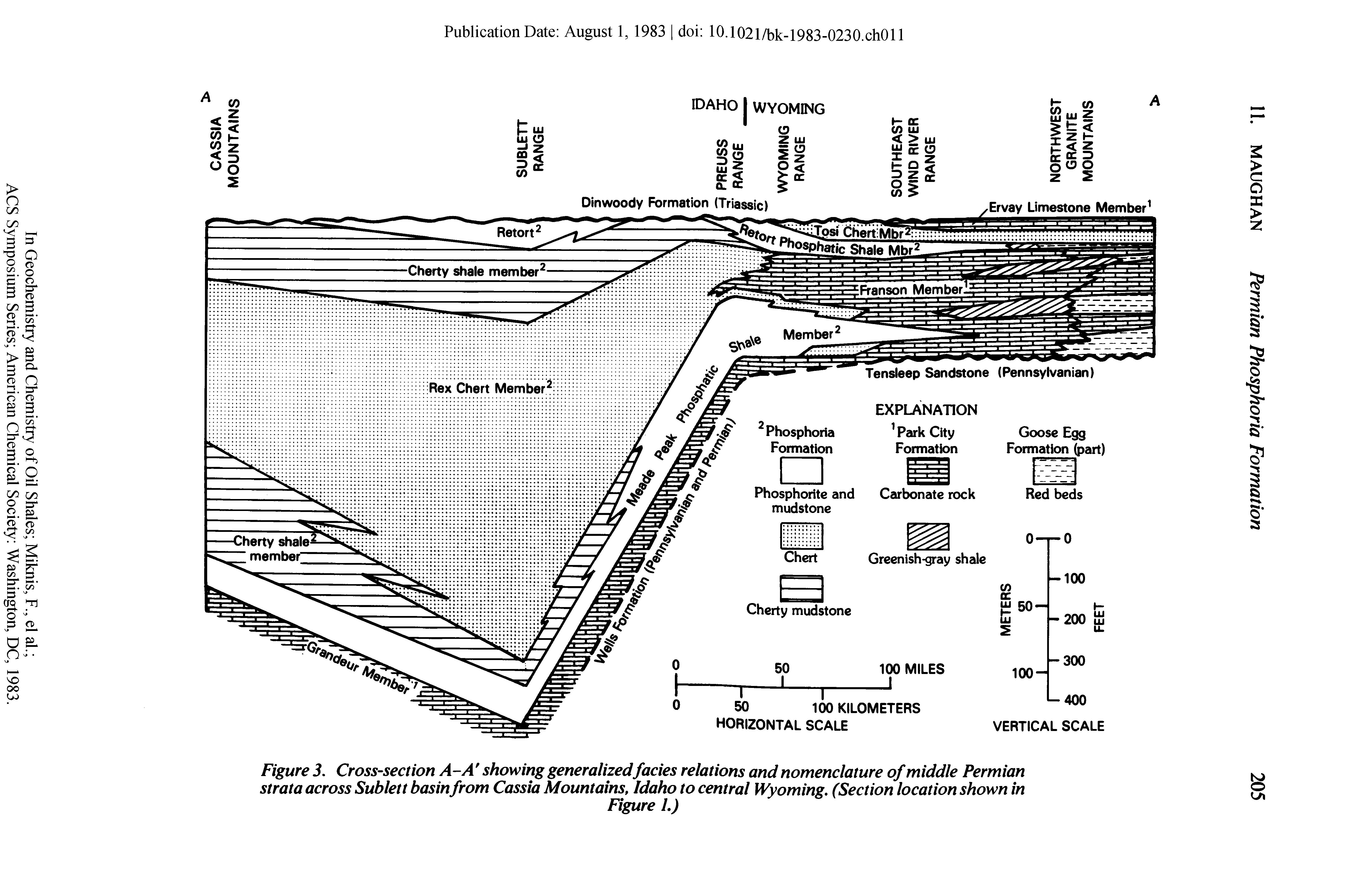 Figure 3. Cross-section A-A showing generalizedfacies relations and nomenclature of middle Permian strata across Sublett basin from Cassia Mountains, Idaho to central Wyoming. (Section location shown in...