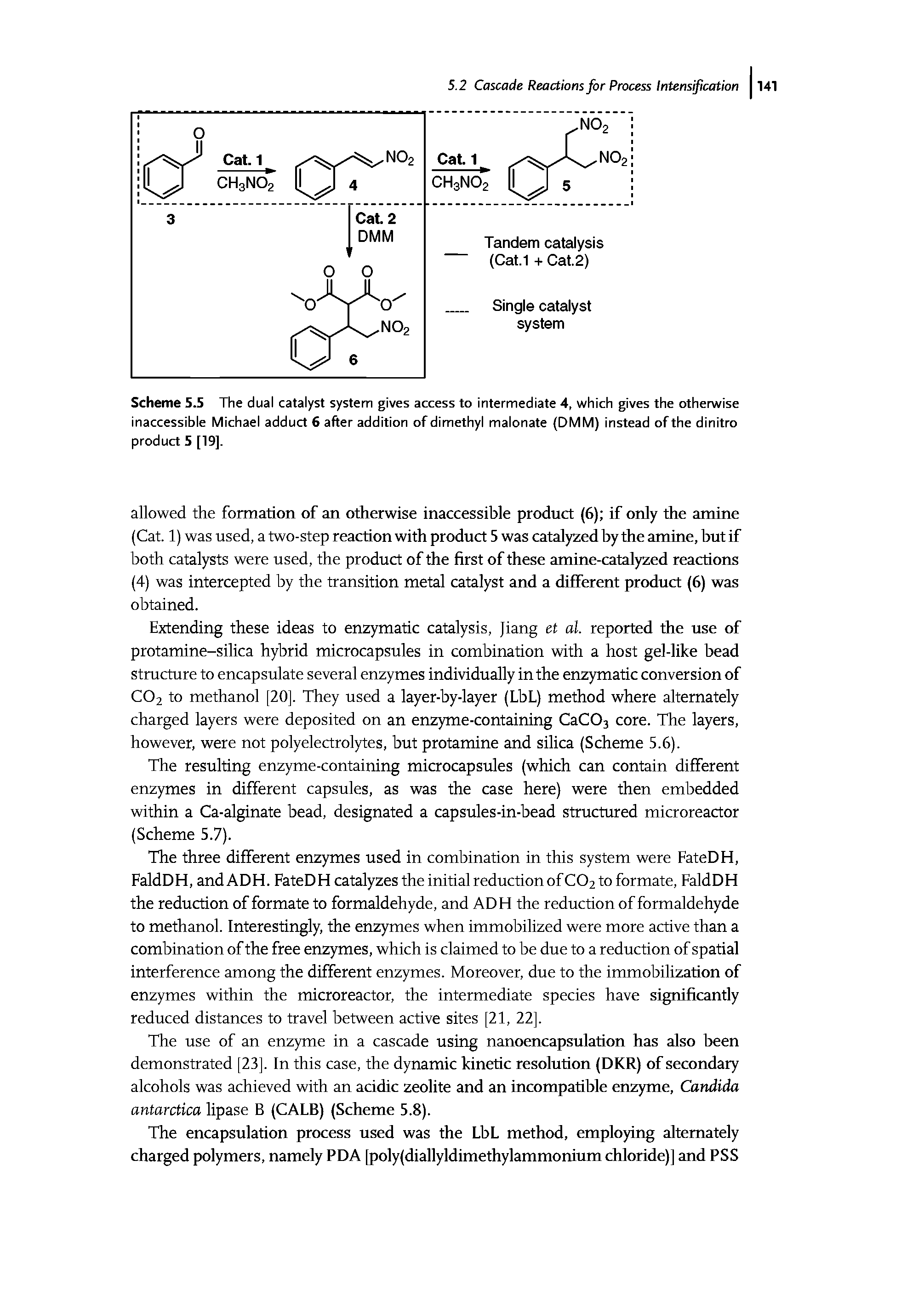 Scheme 5.5 The dual catalyst system gives access to intermediate 4, which gives the otherwise inaccessible Michael adduct 6 after addition of dimethyl malonate (DMM) instead of the dinitro product 5 [19].