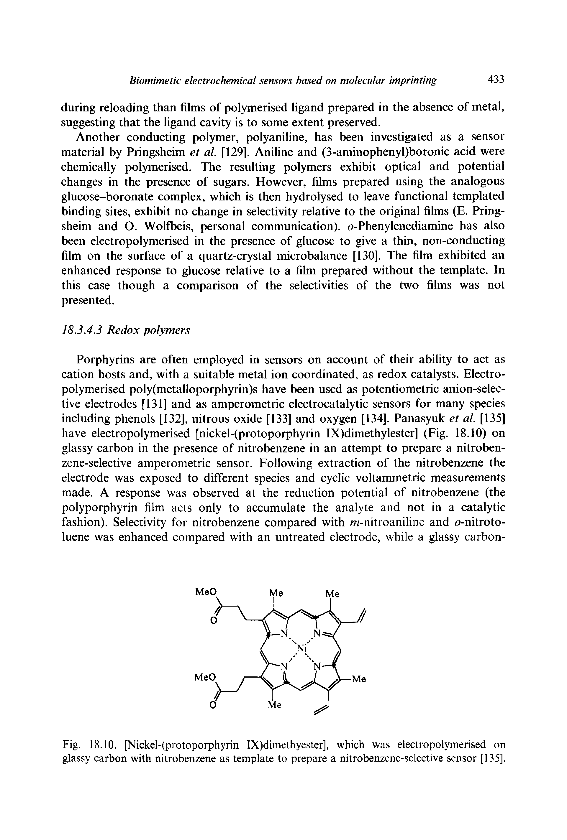 Fig. 18.10. [Nickel-(protoporphyrin IX)dimethyester], which was electropolymerised on glassy carbon with nitrobenzene as template to prepare a nitrobenzene-selective sensor [135].