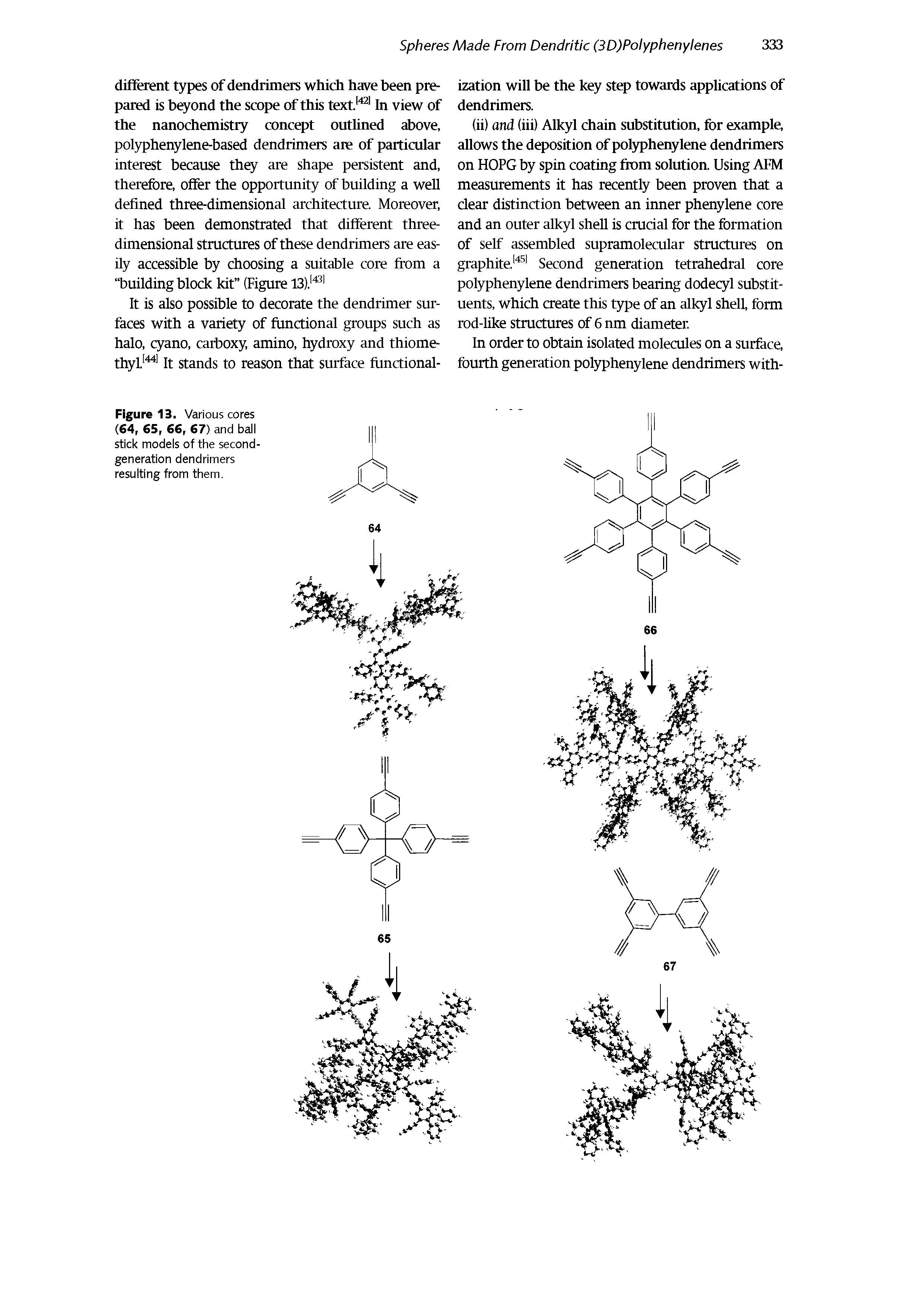 Figure 13. Various cores (64, 65, 66, 67) and ball stick models of the second-generation dendrimers resulting from them.