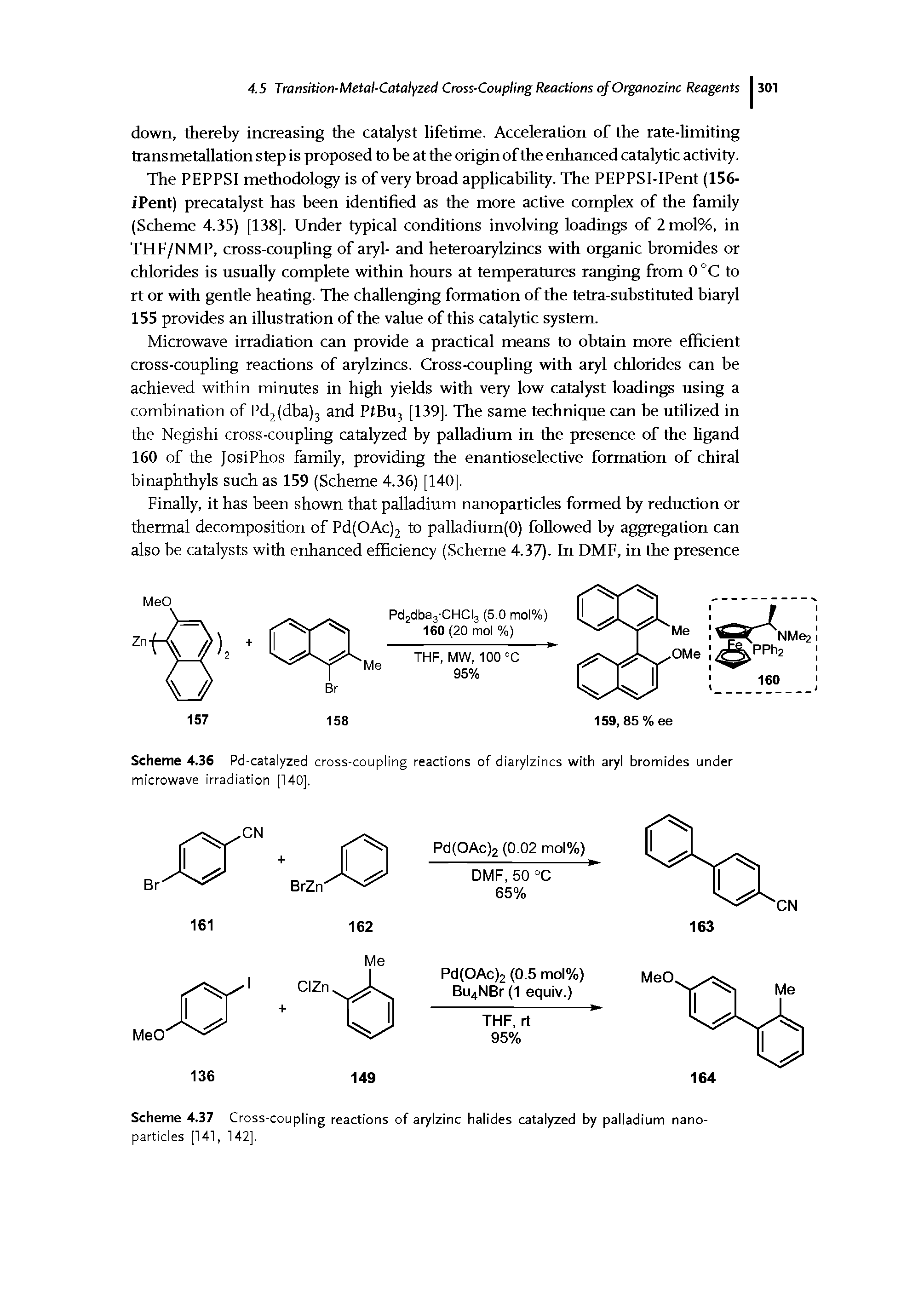 Scheme 4.37 Cross-coupling reactions of arylzinc halides catalyzed by palladium nanoparticles [141, 142].