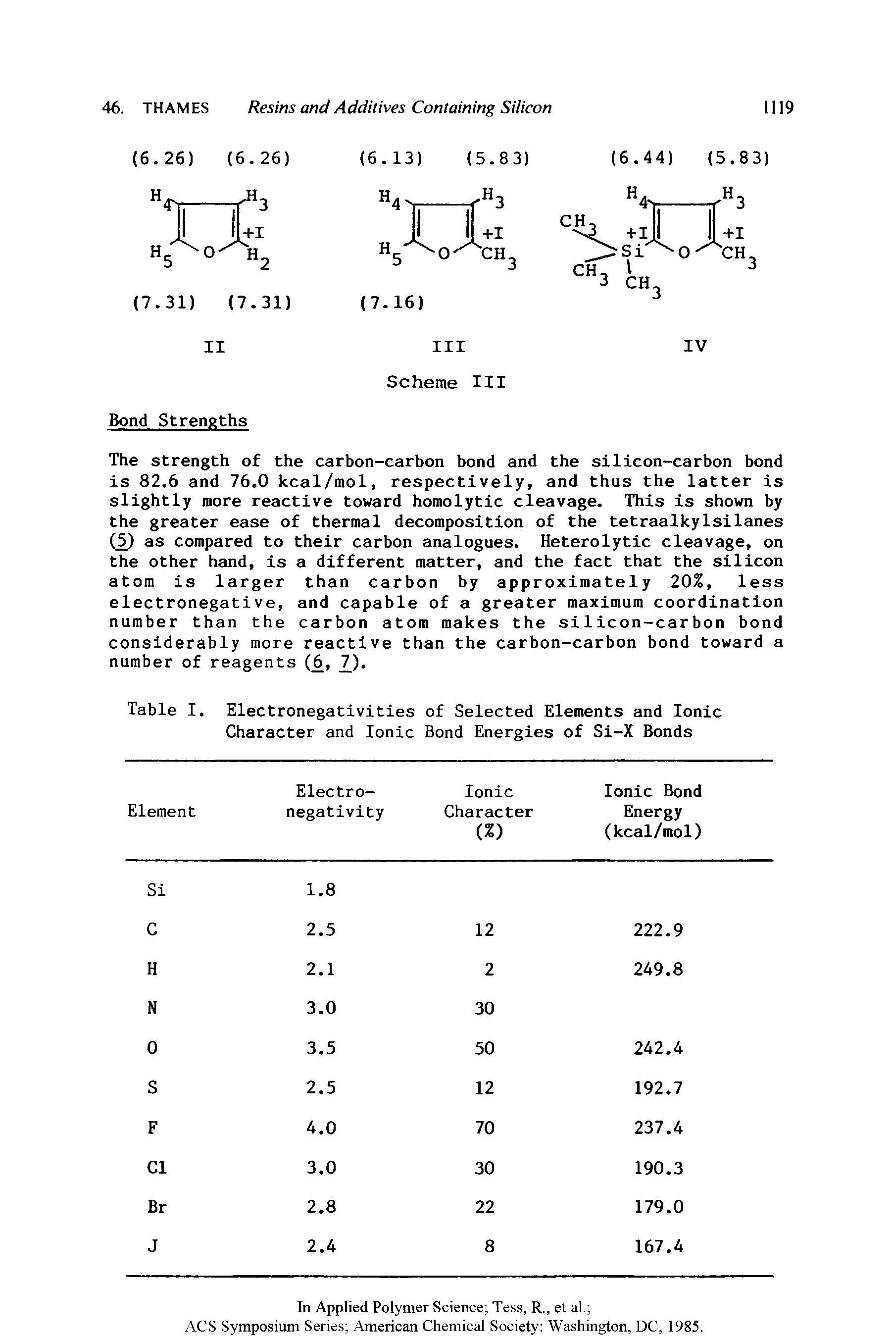 Table I. Electronegativities of Selected Elements and Ionic Character and Ionic Bond Energies of Si-X Bonds...