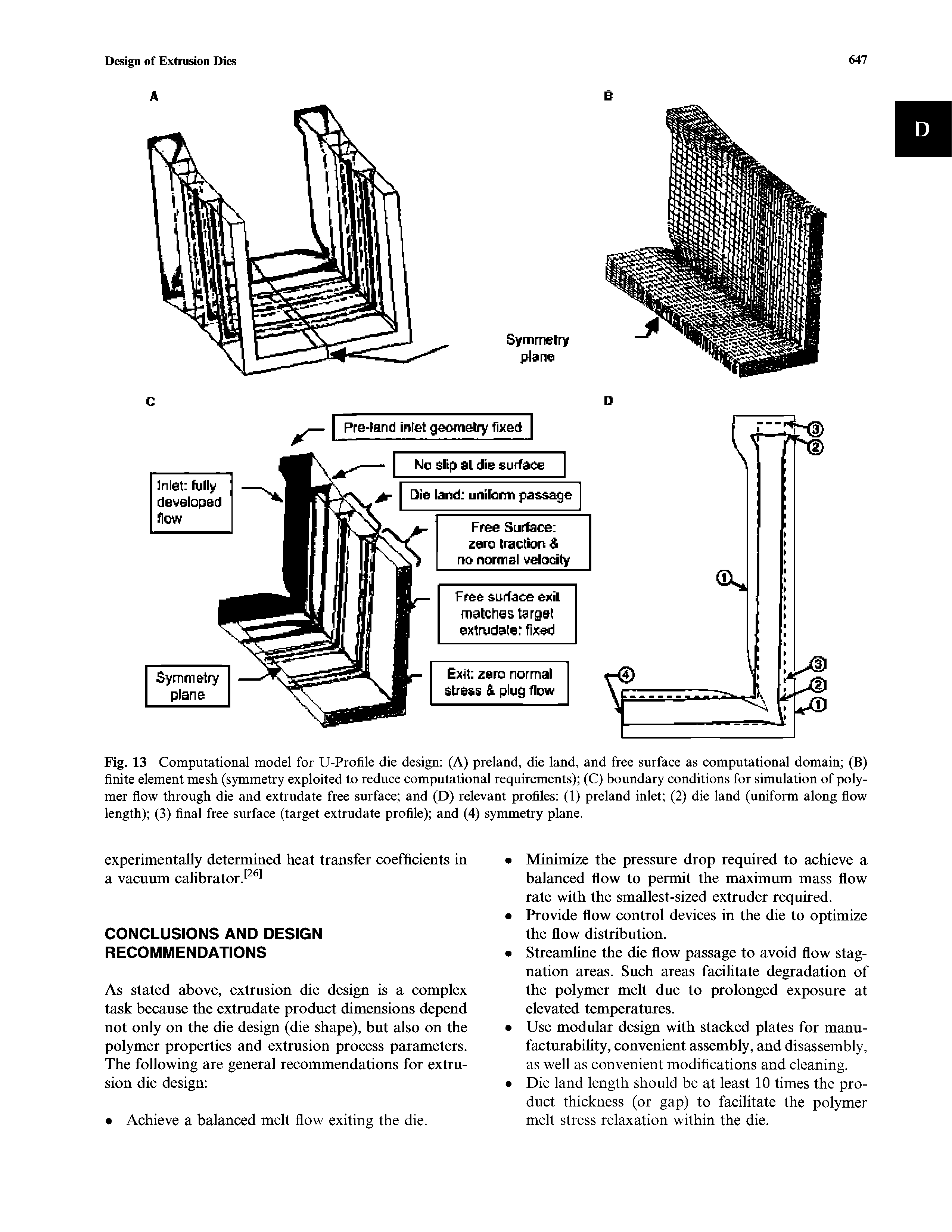 Fig. 13 Computational model for U-Profile die design (A) preland, die land, and free surface as computational domain (B) finite element mesh (symmetry exploited to reduce computational requirements) (C) boundary conditions for simulation of polymer fiow through die and extrudate free surface and (D) relevant profiles (1) preland inlet (2) die land (uniform along flow length) (3) final free surface (target extrudate profile) and (4) symmetry plane.