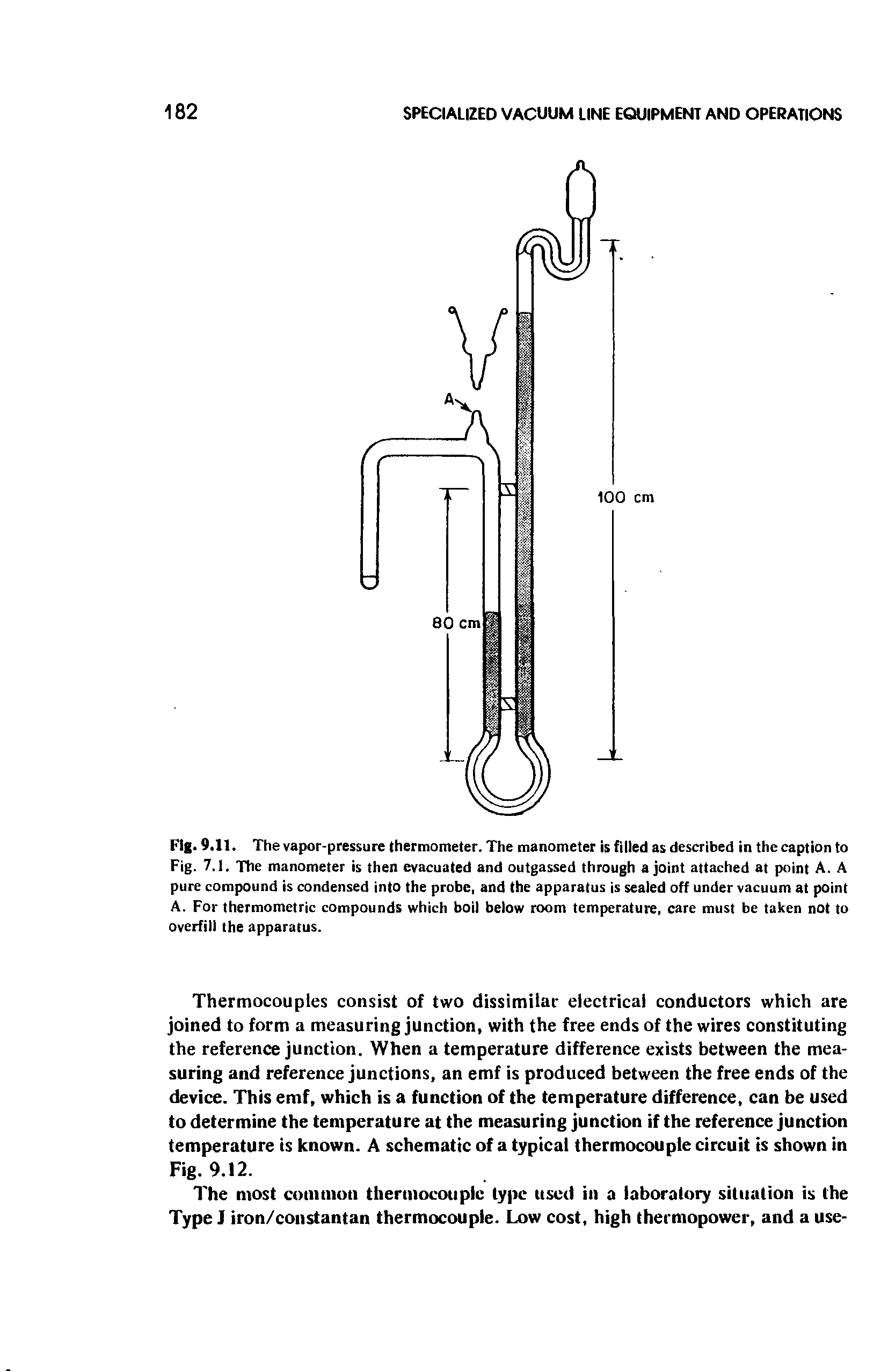 Fig. 9.11. The vapor-pressure thermometer. The manometer is filled as described in the caption to Fig. 7.1. The manometer is then evacuated and outgassed through a joint attached at point A. A pure compound is condensed into the probe, and the apparatus is sealed off under vacuum at point A. For thermometric compounds which boil below room temperature, care must be taken not to overfill the apparatus.