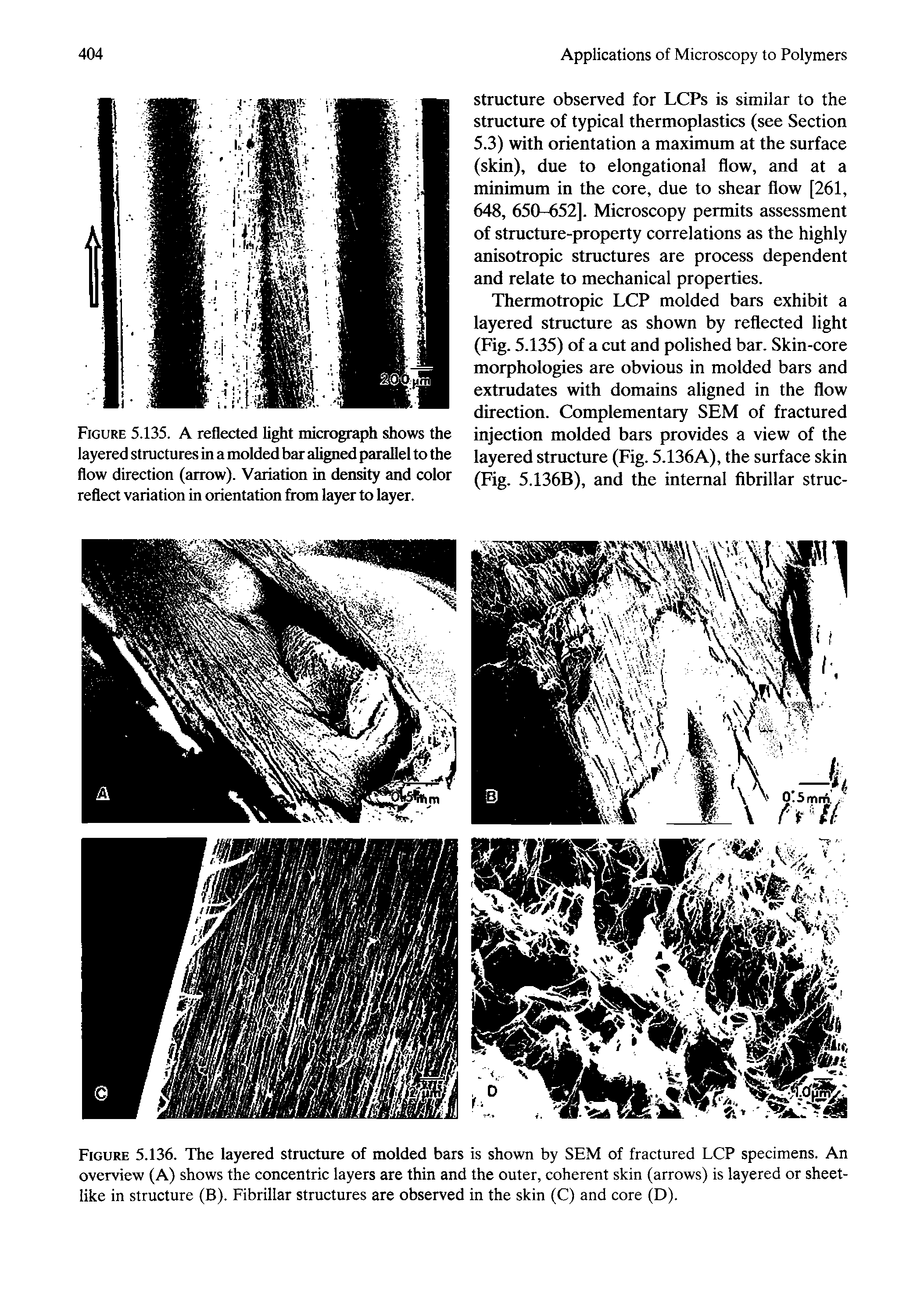 Figure 5.135. A reflected light micrograph shows the layered structures in a molded bar ahgned parallel to the flow direction (arrow). Variation in density and color reflect variation in orientation from layer to layer.