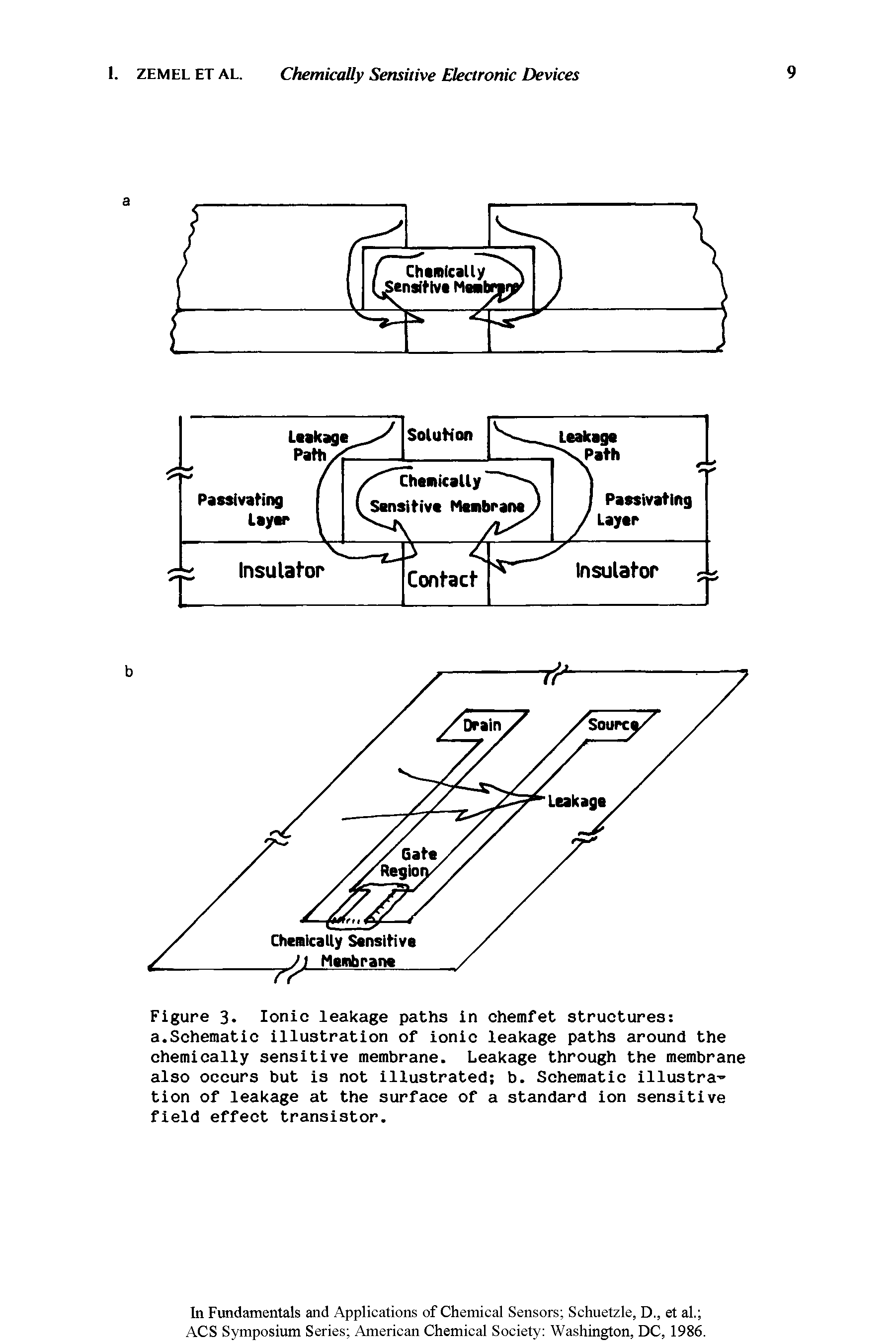 Figure 3. Ionic leakage paths in chemfet structures a.Schematic illustration of ionic leakage paths around the chemically sensitive membrane. Leakage through the membrane also occurs but is not illustrated b. Schematic illustration of leakage at the surface of a standard ion sensitive field effect transistor.