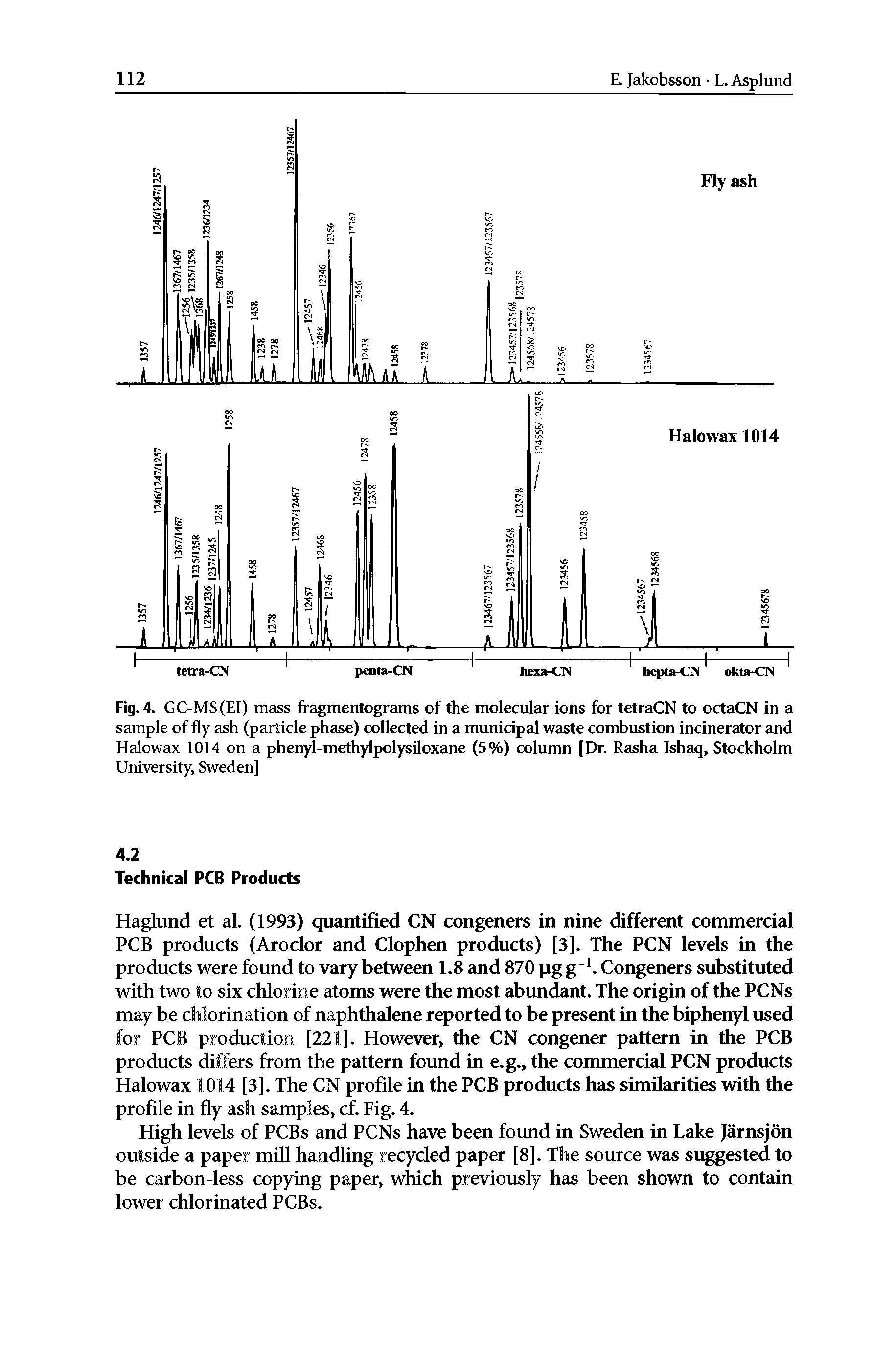 Fig. 4. GC-MS(EI) mass fragmentograms of the molecular ions for tetraCN to octaCN in a sample of fly ash (particle phase) collected in a municipal waste combustion incinerator and Halowax 1014 on a phenyl-methylpolysiloxane (5%) column [Dr. Rasha Ishaq, Stockholm...